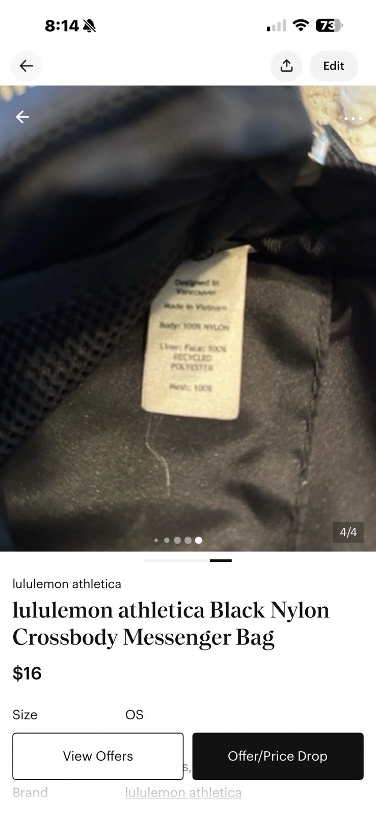 lululemon athletica Black Crossbody Bag Zip Closure Inner Pockets Silver