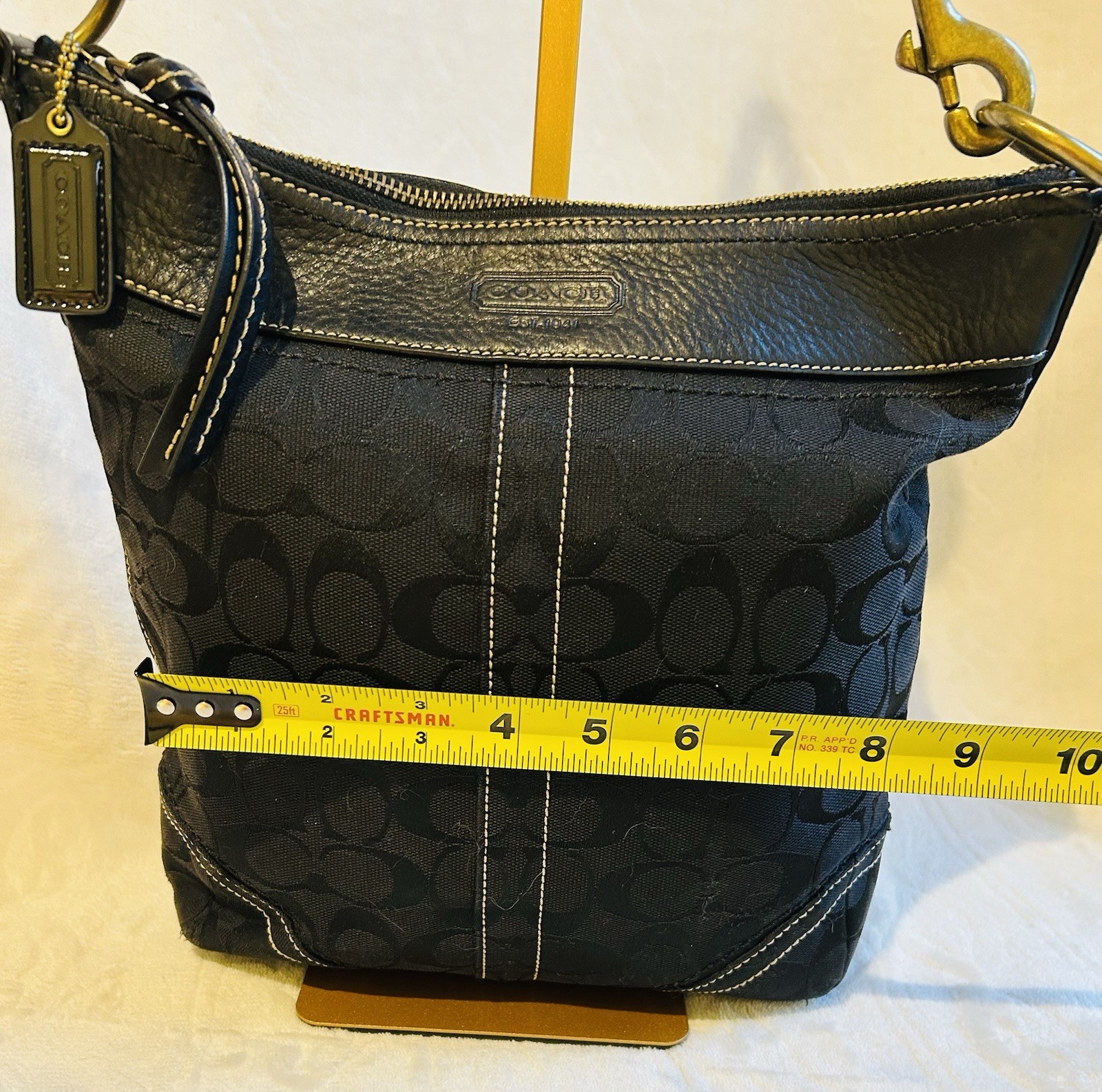 Coach Black Signature 10403 Logo Medium Shoulder Bag Adjust Strap Gold Hardware