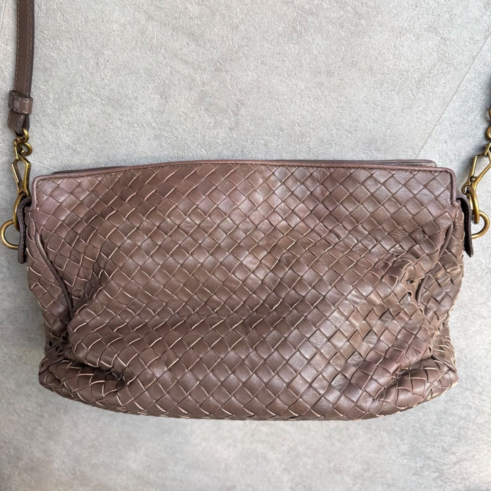 Bottega Veneta Intrecciato Brown Leather Shoulder Bag Antique Gold Zip Auth Ital