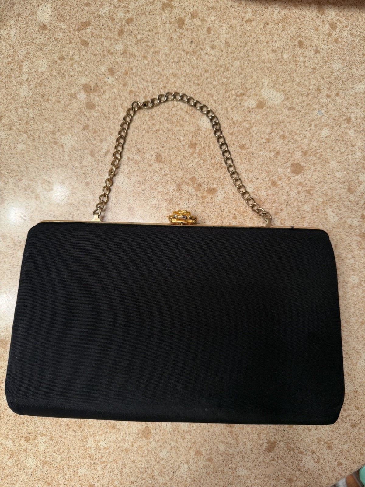 Vintage 1950s Black Satin Evening Clutch Gold Rose Clasp Cocktail Purse