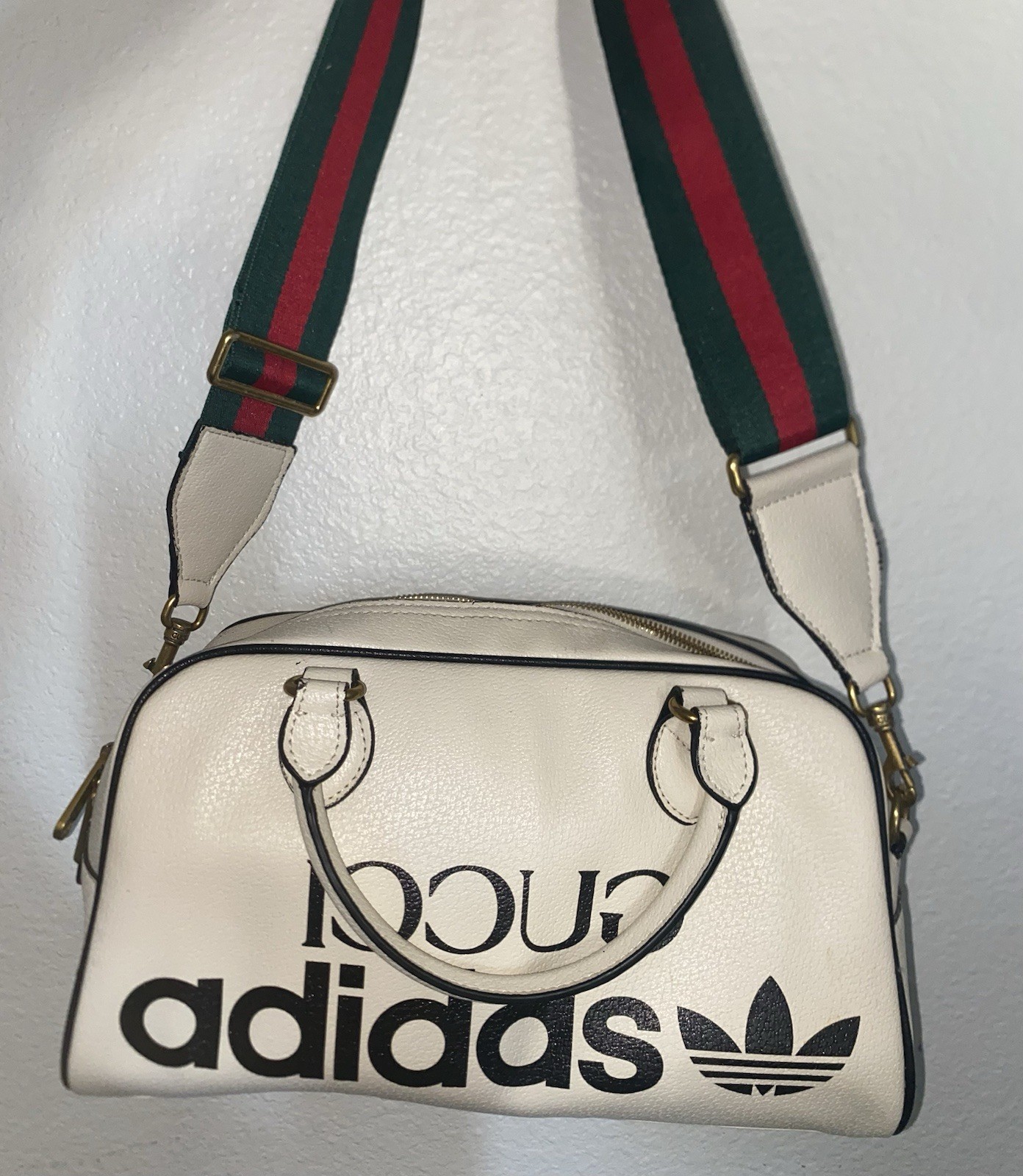 Gucci x Adidas Small White Logo Crossbody Top Handle Zip Bag Green/Red Strap