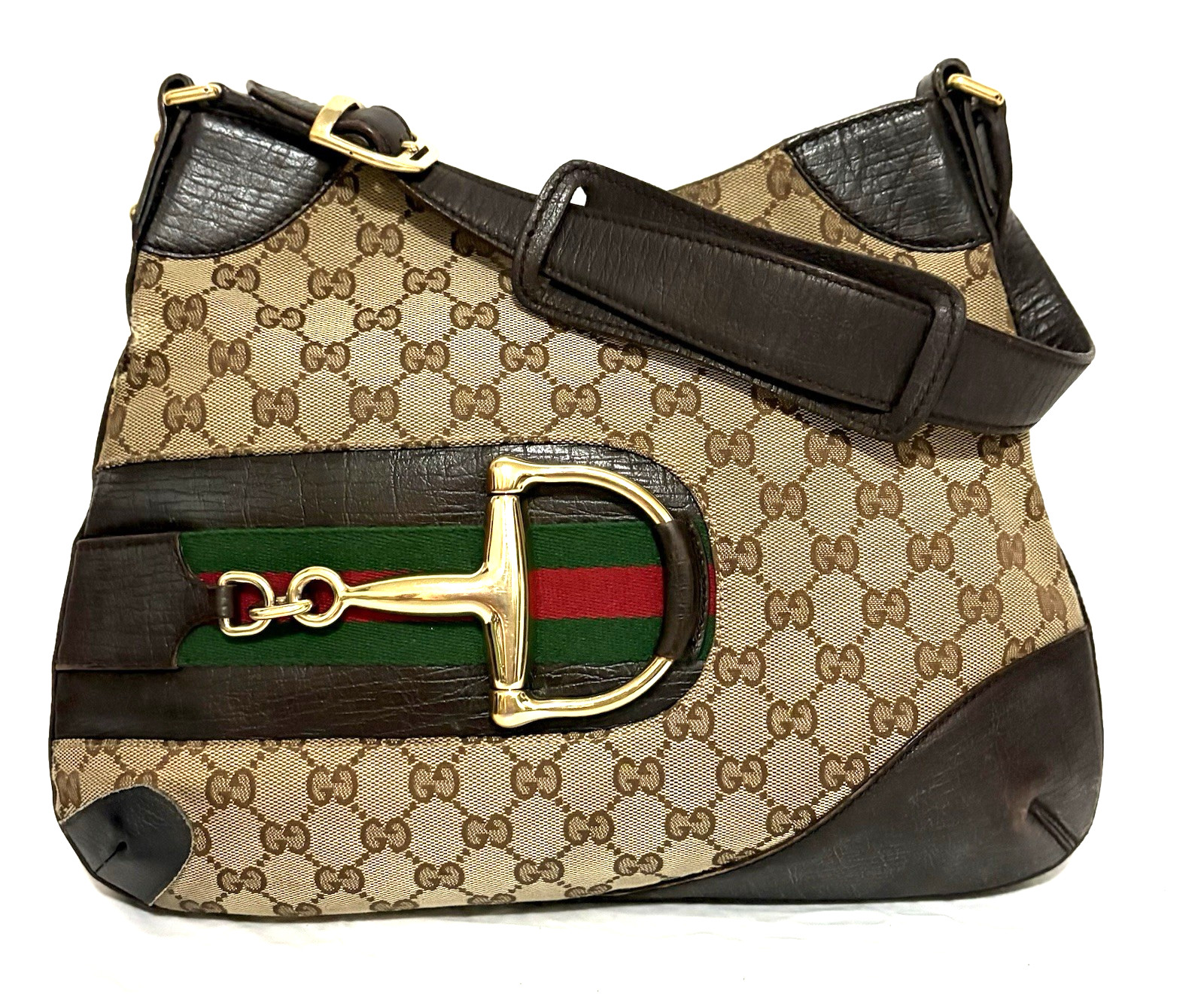 GUCCI HORSEBIT CANVAS W/ DARK BROWN LEATHER HOBO BAG WITH GREEN AND RED WEB