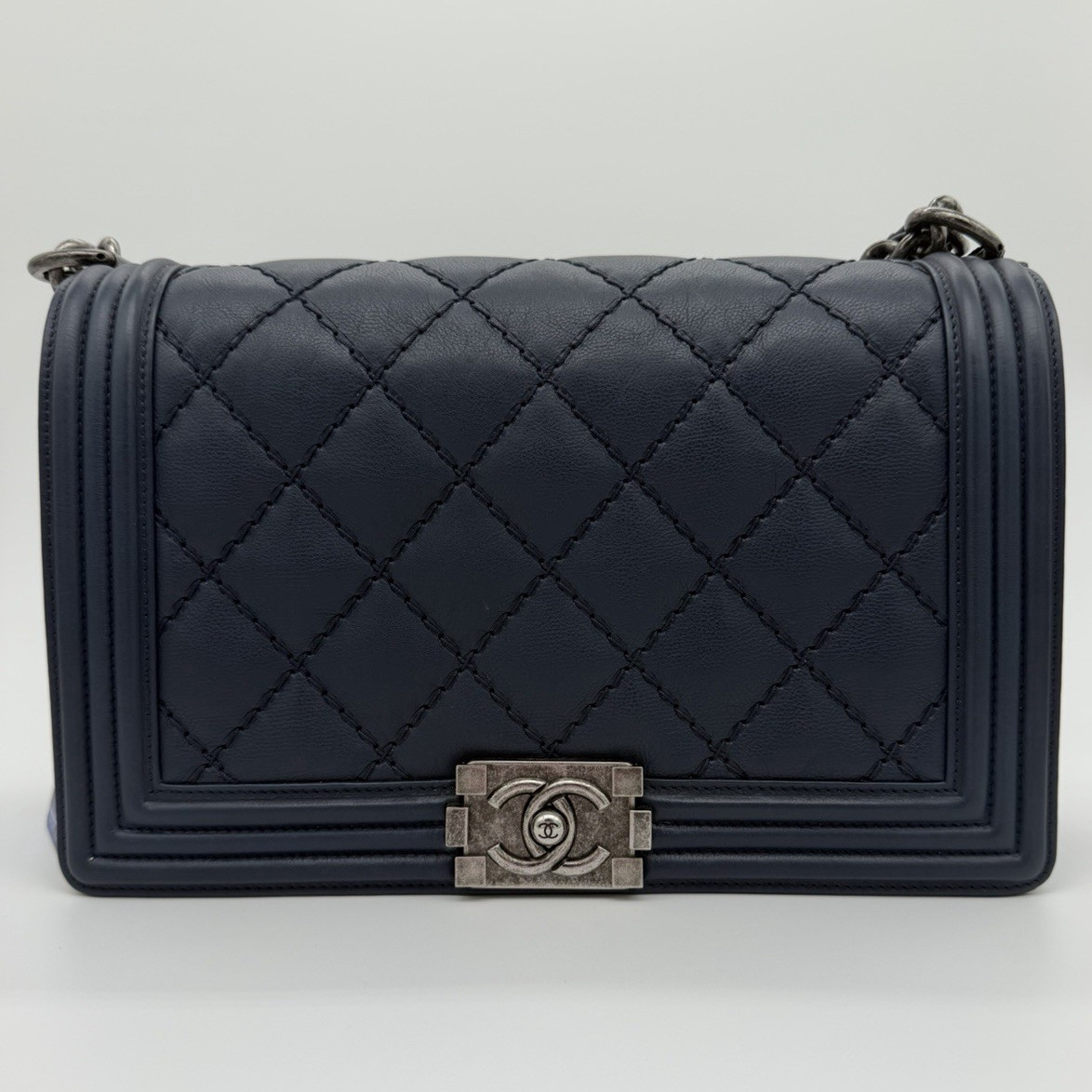 CHANEL Boy Navy Quilted Flap Crossbody Bag Silver Chain Strap Turn Lock