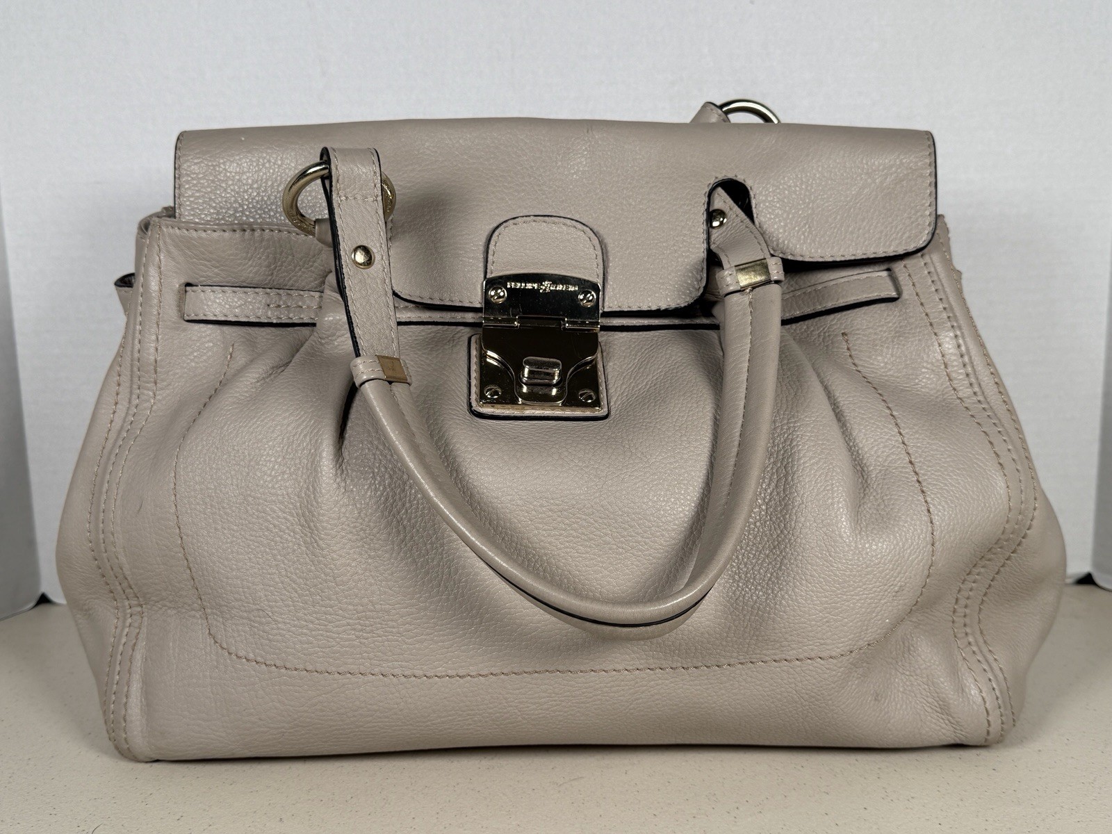 Leather Satchel Handbag Beige Taupe Gecko Embossed Turnlock Gold Hardware Bag
