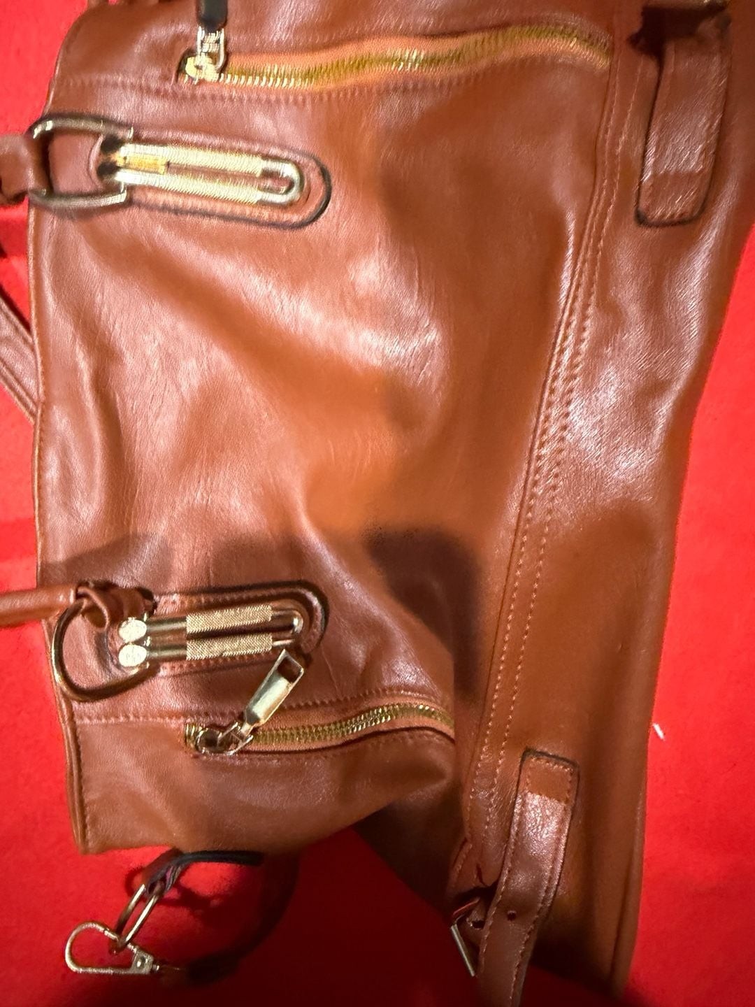 Brown Vegan Leather Multi-Zip Pocket Satchel with Crossbody Strap