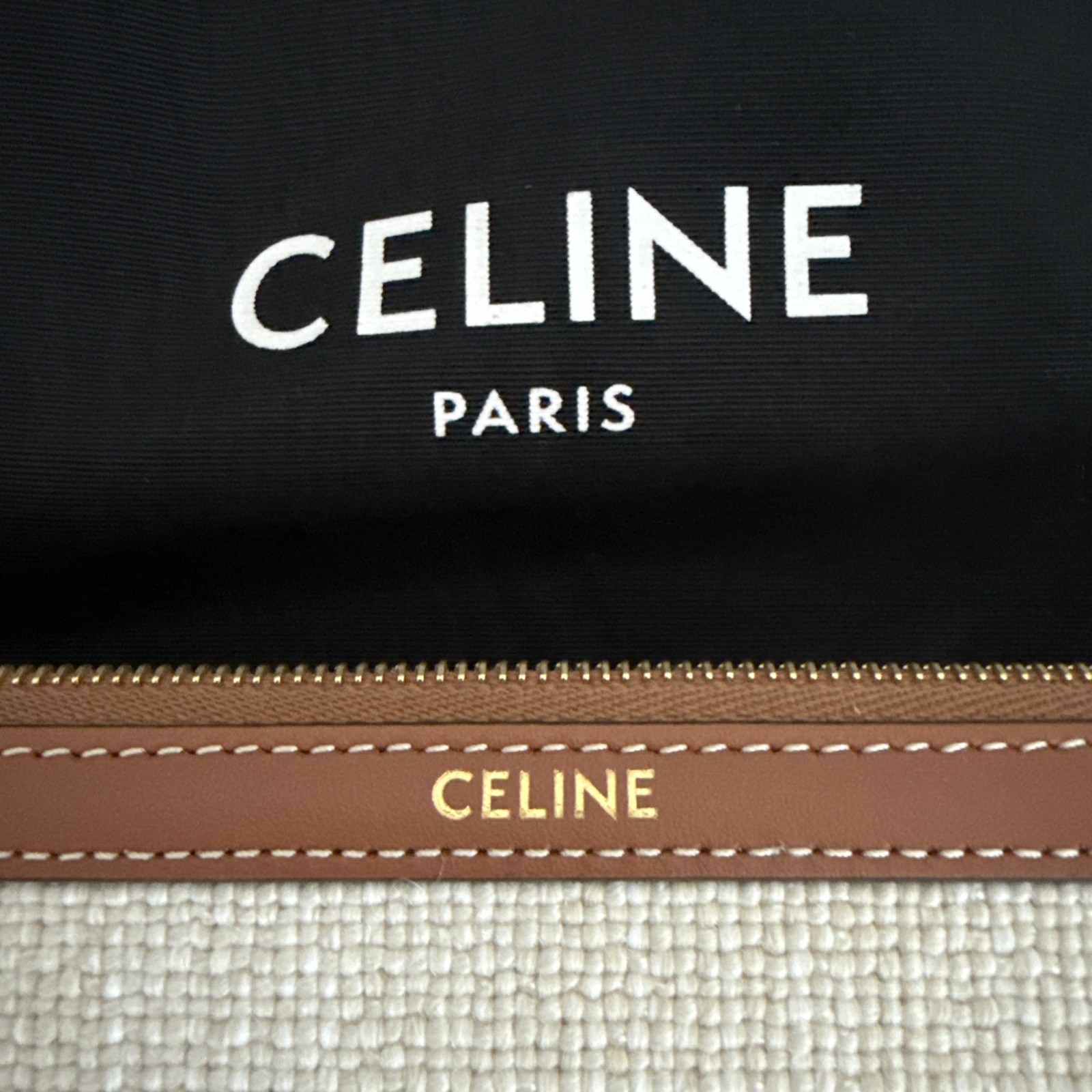 NEW Celine Logo Striped Jacquard Textile Calfskin Wristlet / Pouch Tobacco -Tan