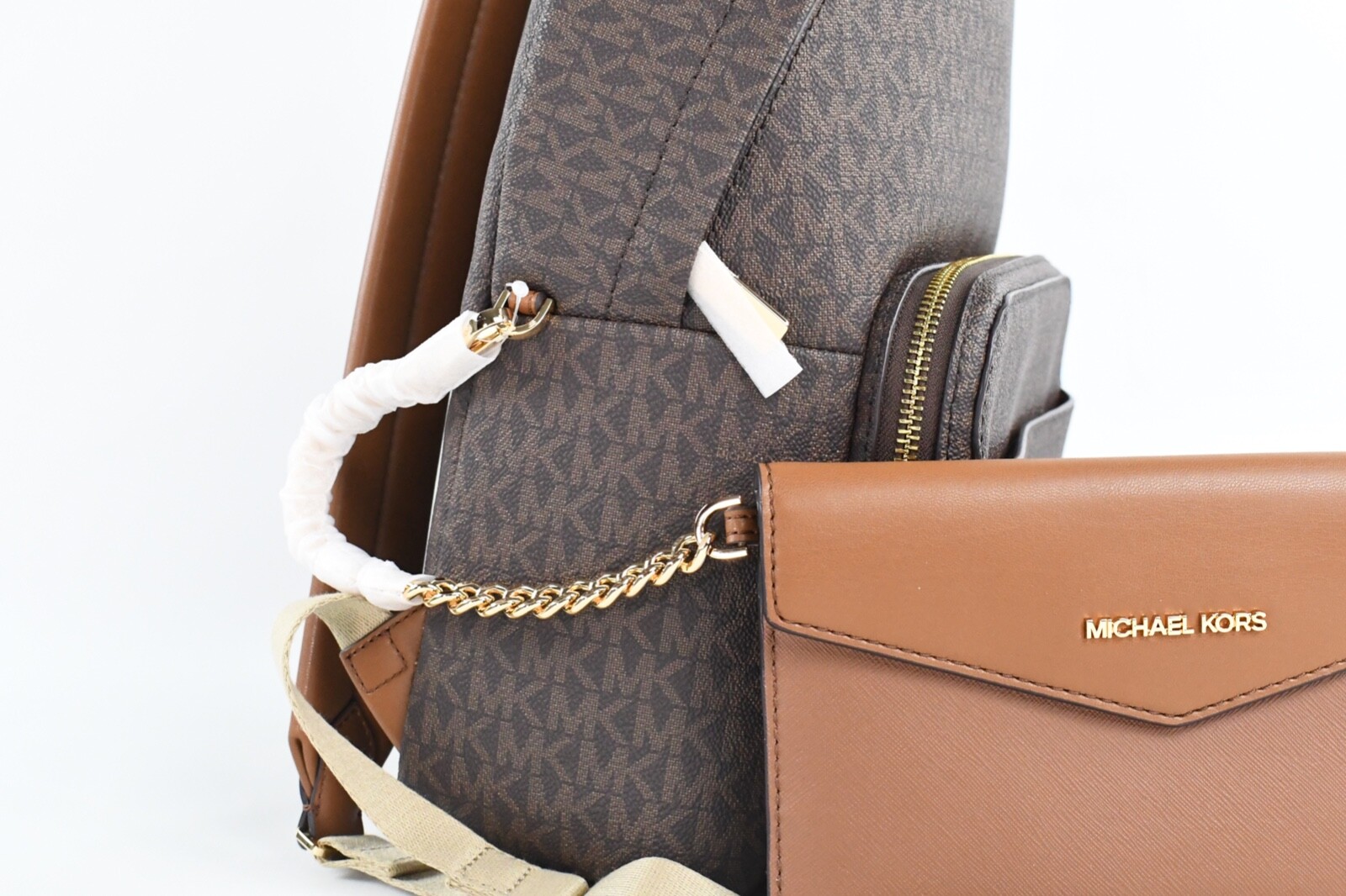 Michael Kors Maisie Medium 2in1 Leather Backpack MK Bag with Pouch In Brown Sig