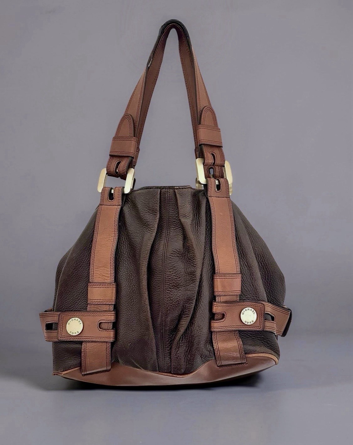 Michael Kors Harness Pebbled Leather Grab Bag Brown Tan Shoulder Tote Purse