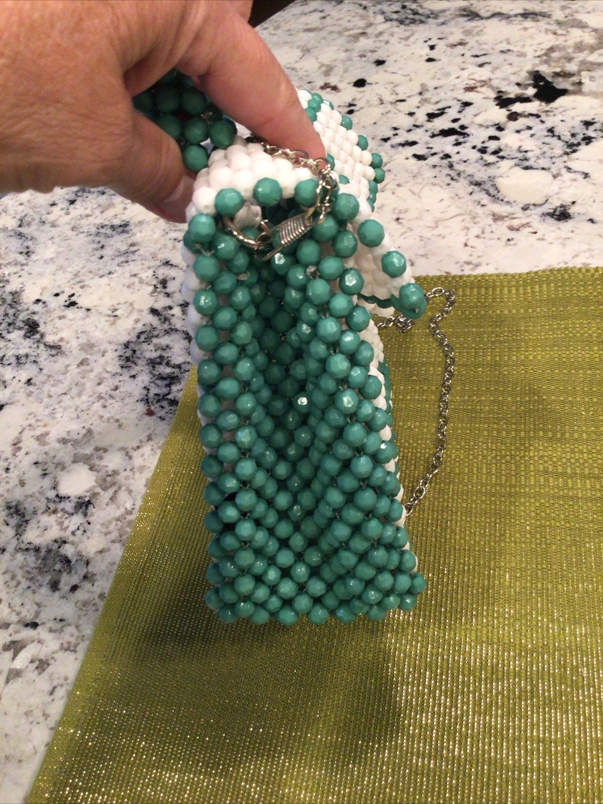 LULU HANDMADE GREEN/WHITE FULLY BEADED MINI PLAID BAG W/ CROSSBODY STRAP – NWT