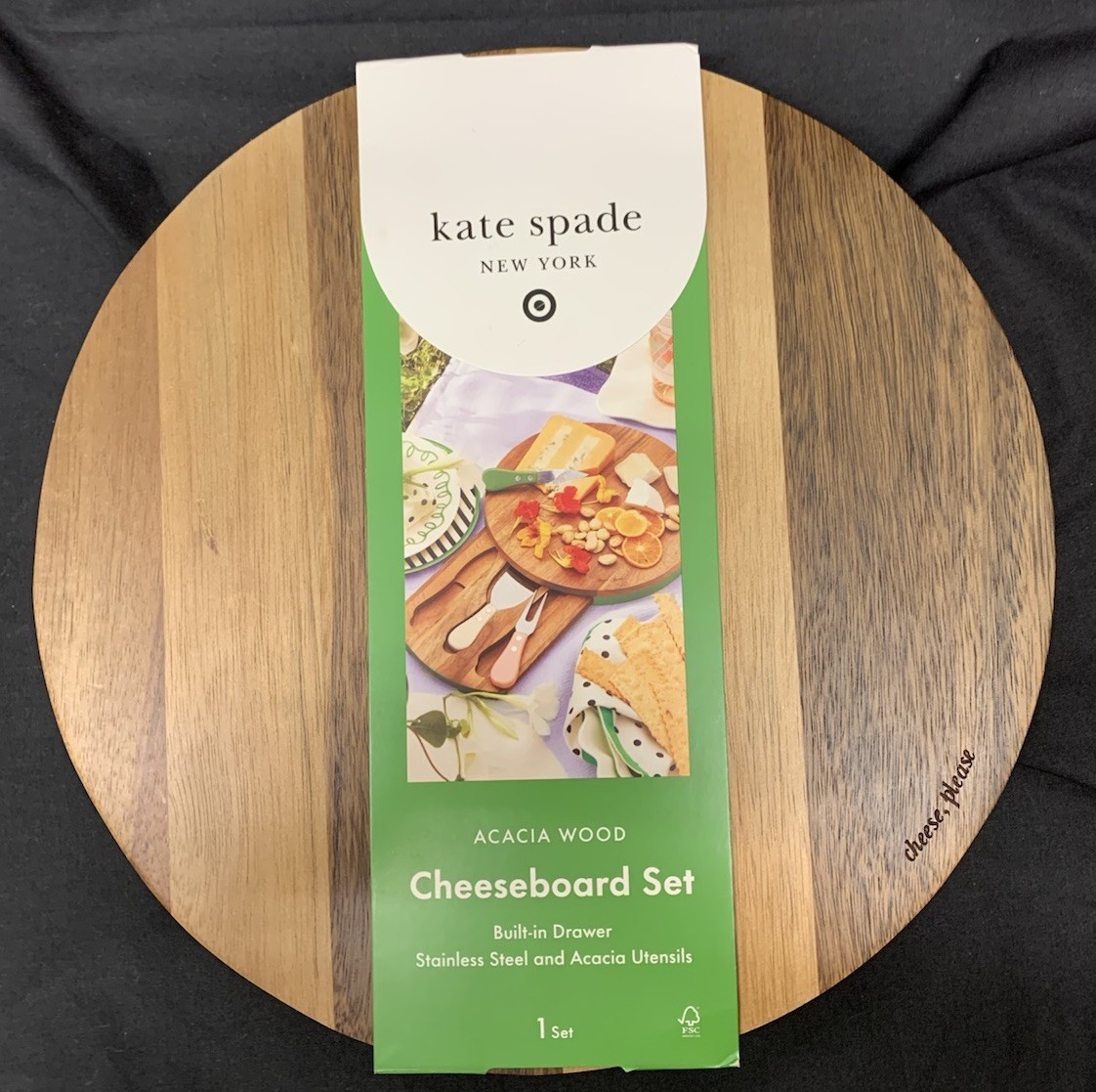 Kate Spade Target Acacia Wood Cheeseboard Set Built In Drawer With Utensils NEW