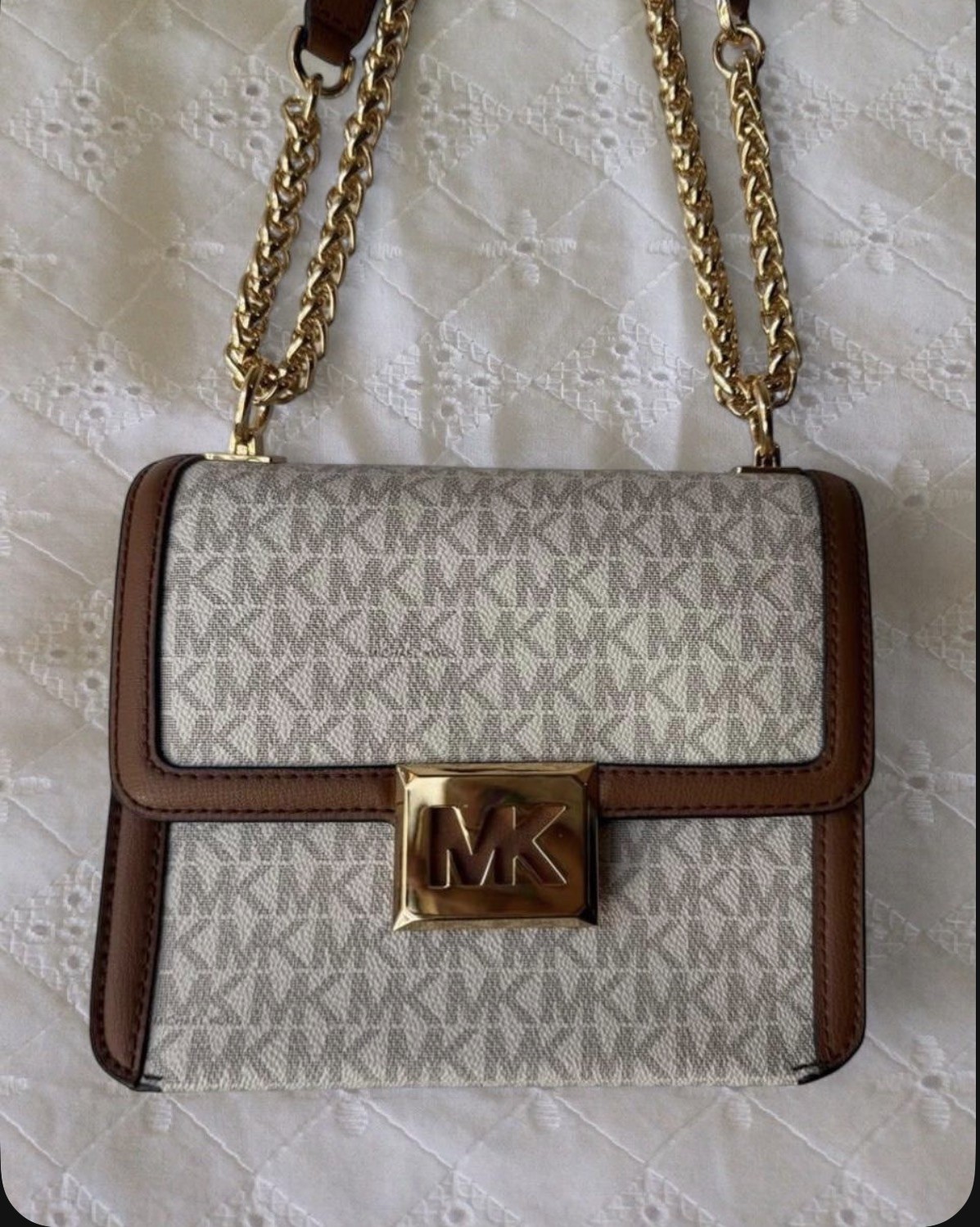 Michael Kors Logo Chain Shoulder Bag White Brown w/ Gold Hardware Women + wallet