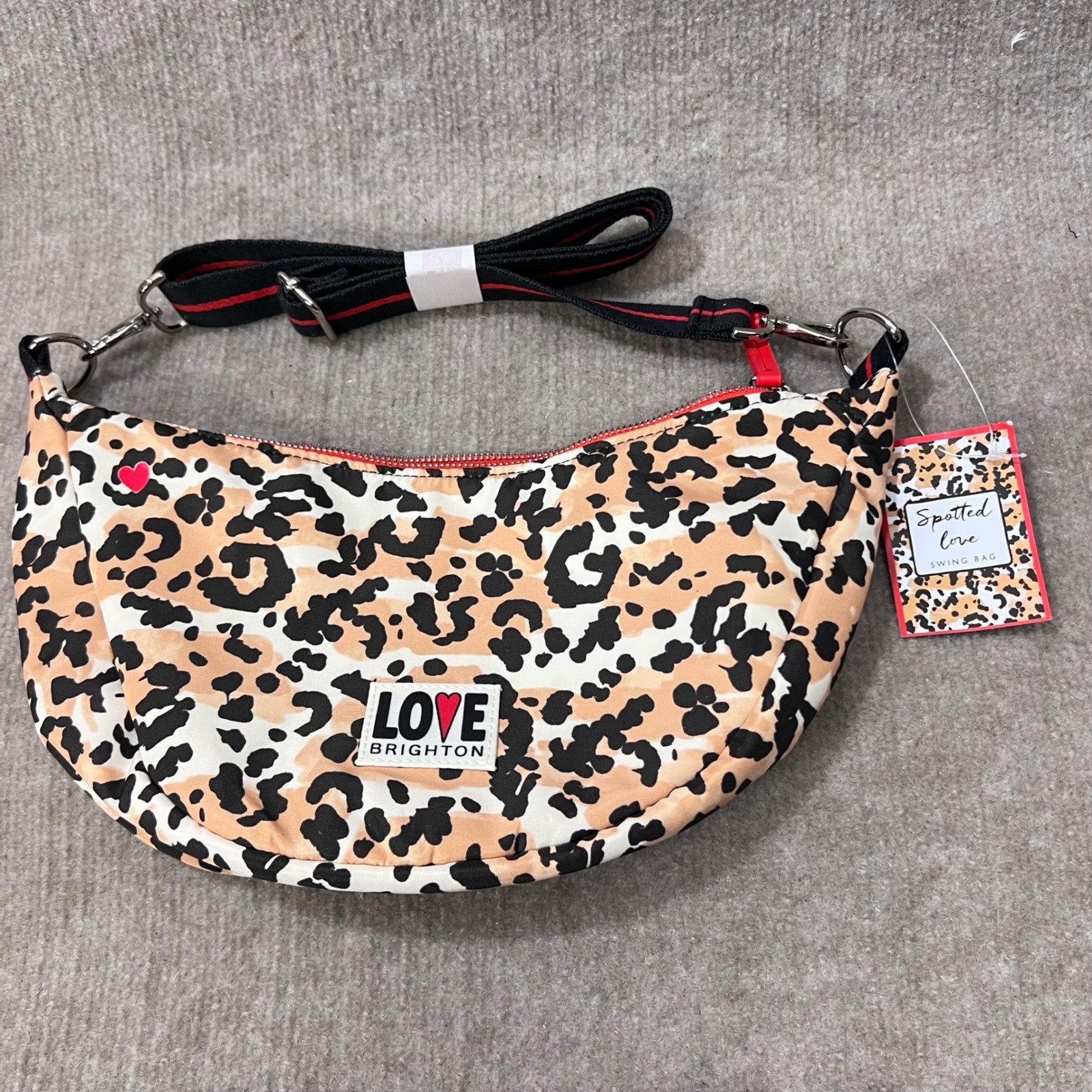 Brighton Spotted Love Swing Bag Leopard Print Red Heart Adjustable Strap