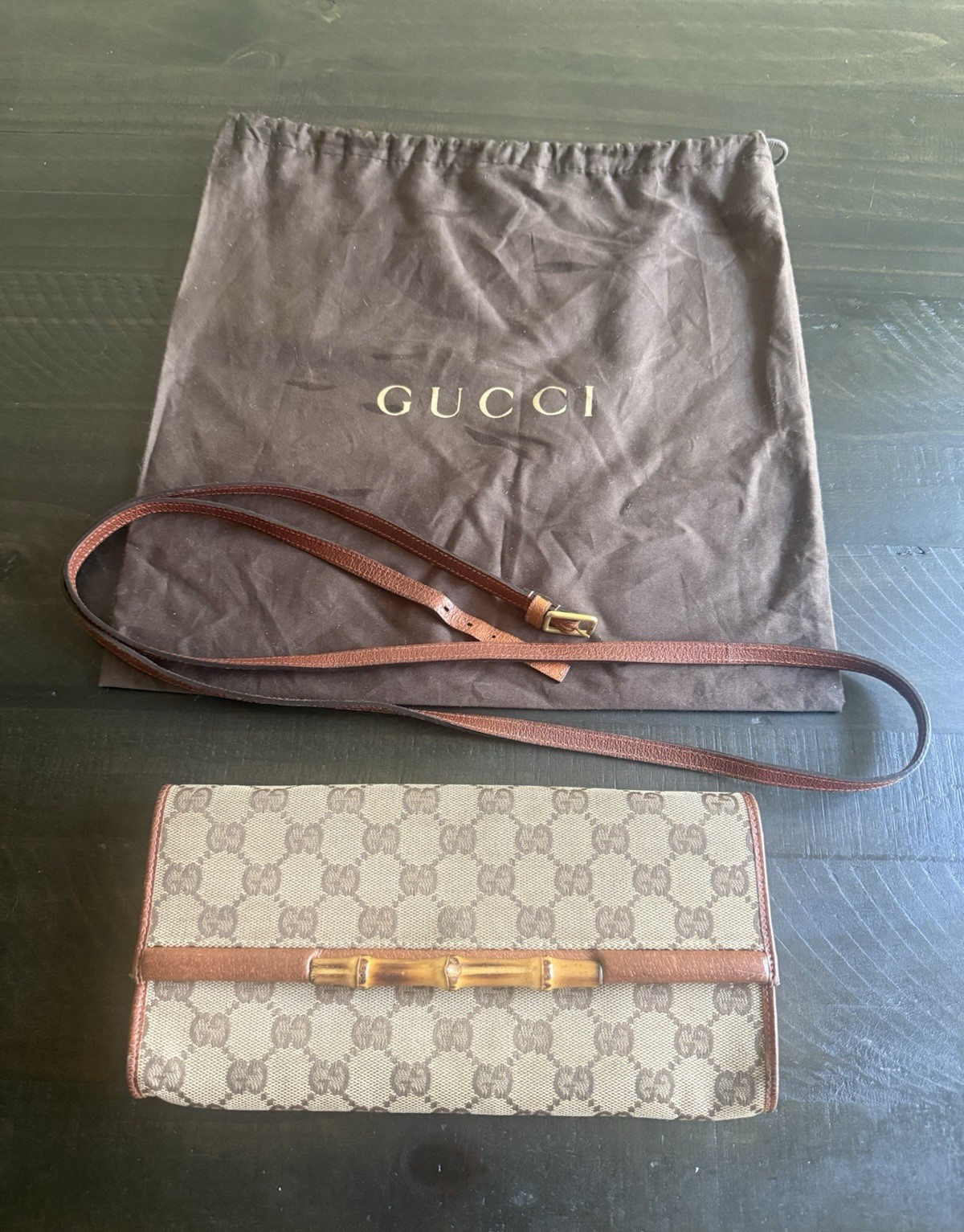 Gucci GG Crossbody Bag Beige/Brown Bamboo Accent Magnetic Closure Gold HW
