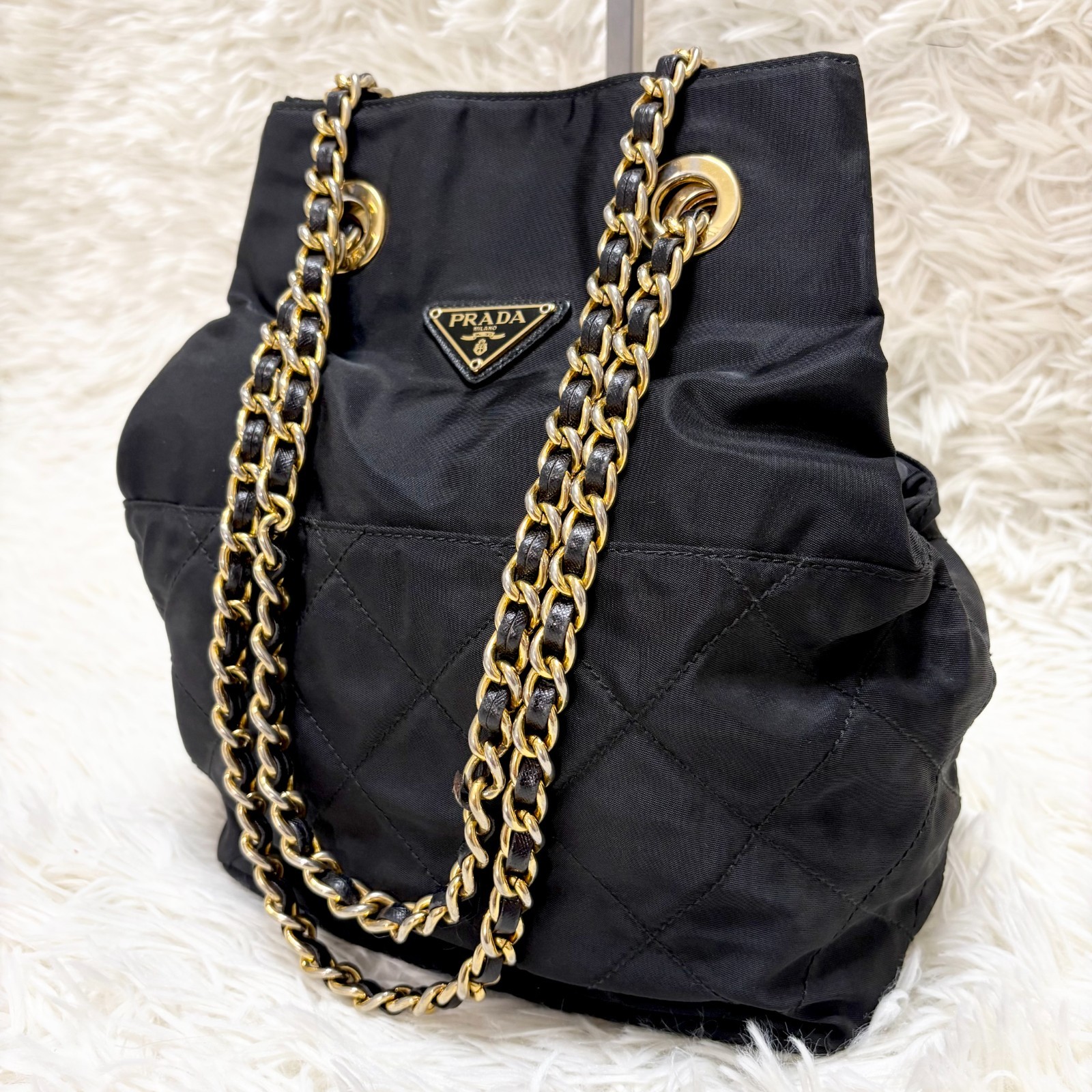 PRADA Tessuto Quilted Chain Tote Bag Black Nylon Triangle Logo Vintage Italy