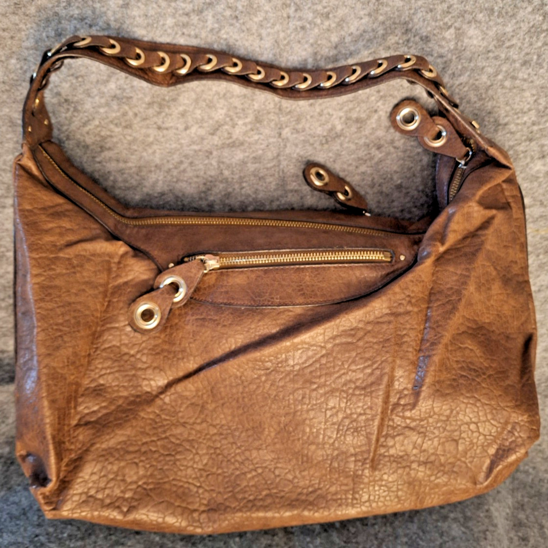 Vintage Y2K Jessica Simpson Brown Hobo Bag Gold Rings & Zippers Checkered Lining