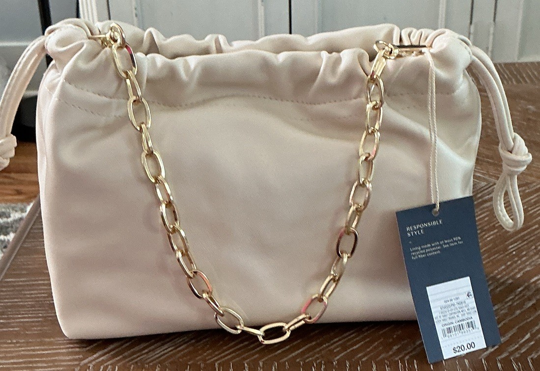 A New Day Ivory Drawstring Small Shoulder Bag Gold Chain Strap Convertible