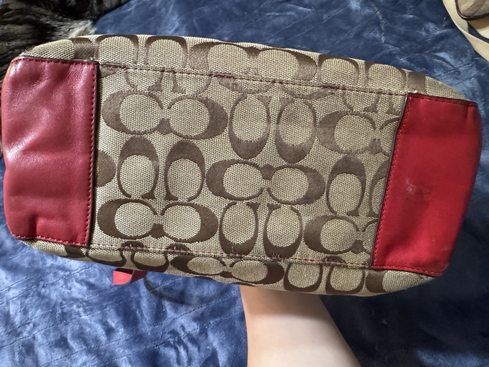Coach Signature Canvas Tote Bag Red Leather Trim Shoulder Purse Hangtag EUC