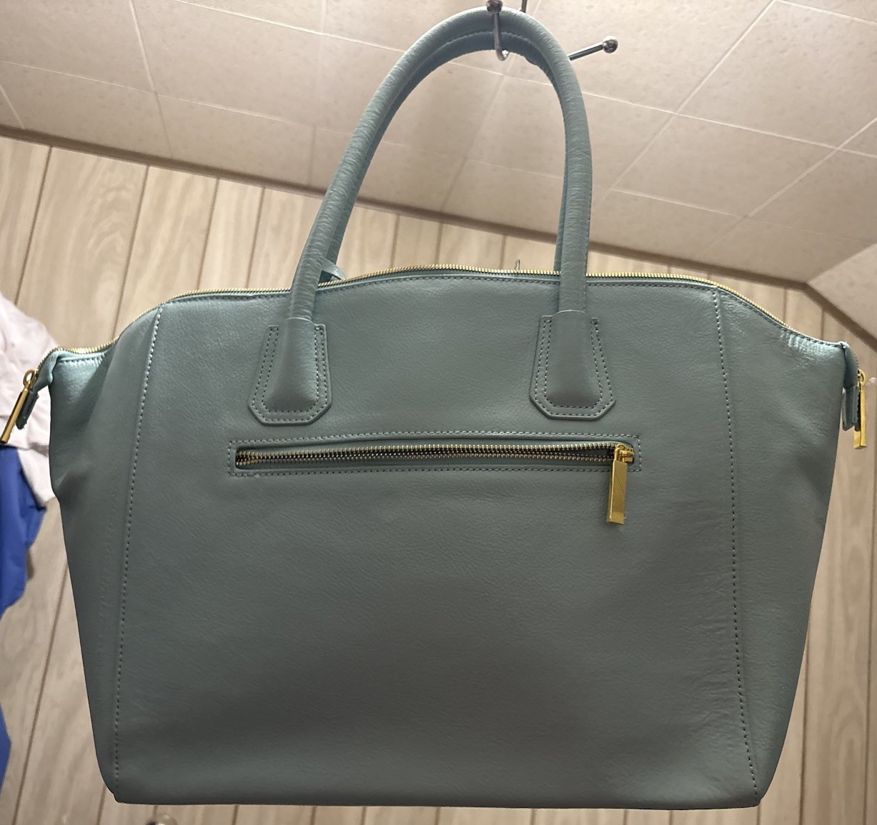 Joy Iman Split Leather Blue Satchel Double Handle Tote Multi Pockets