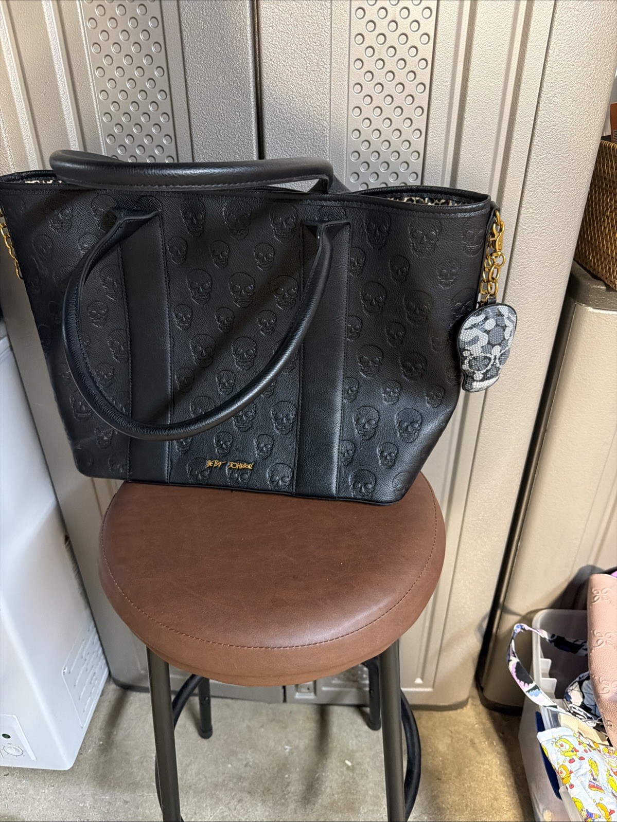 Betsey Johnson Brown Skull Tote Bag Purse with Skull Charm Embossed TOTO NWT