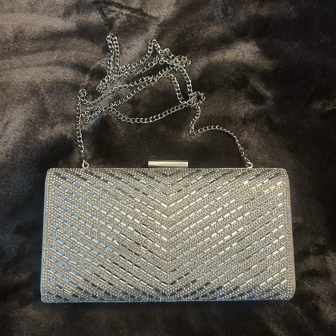 Docacan Silver Rhinestone Chevron Evening Clutch with Chain Shoulder Strap