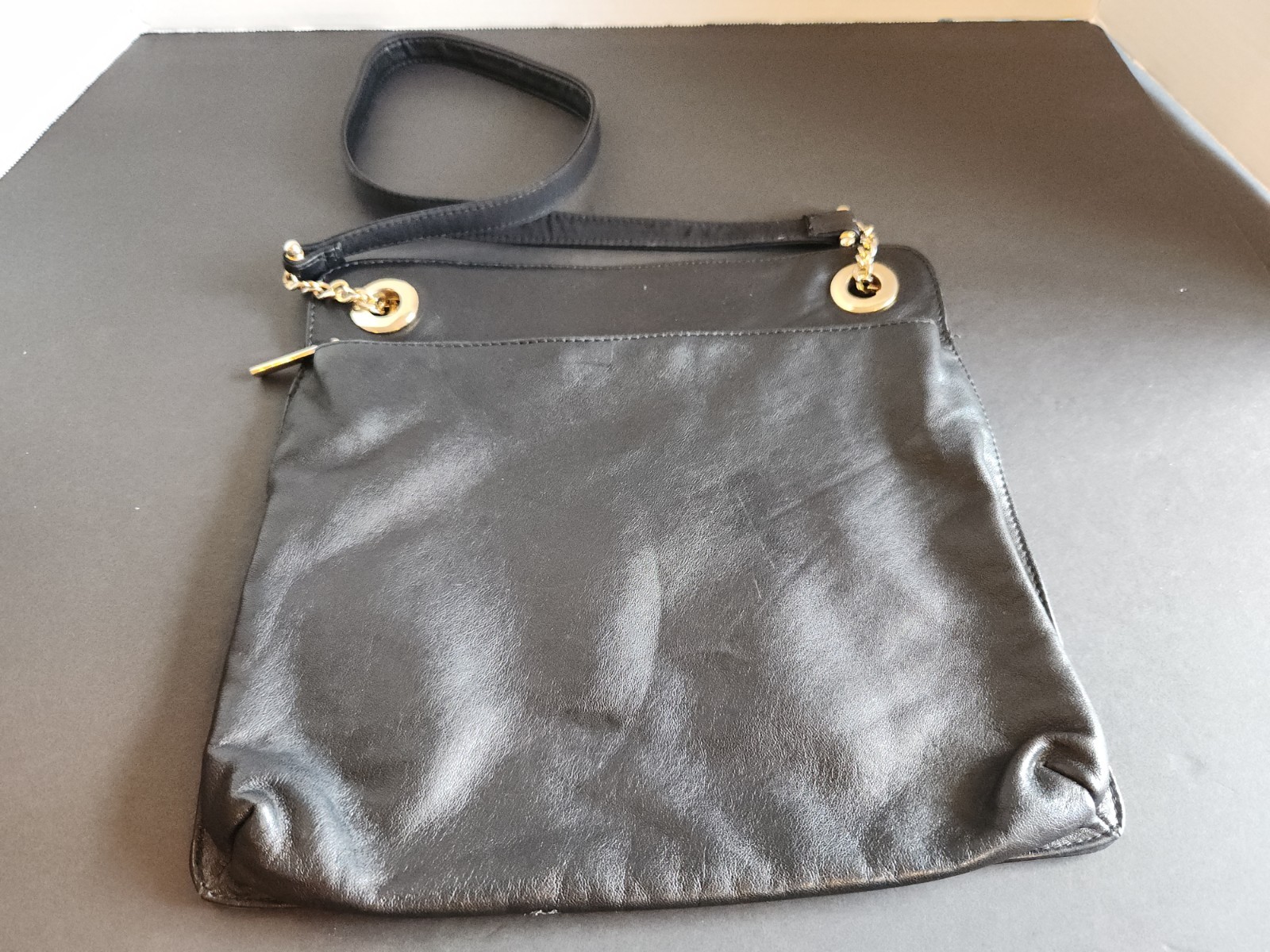 Silver Blue USA Soft Black Leather Front & Neoprene Back Toggle Clasp Flat Pouch