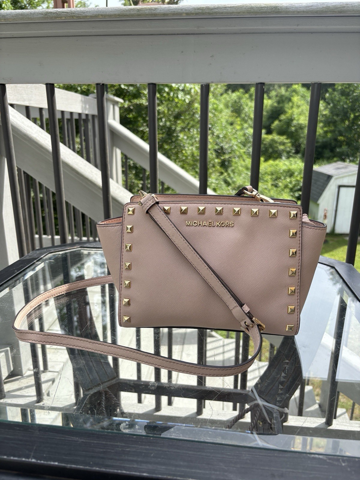 Michael Kors Selma Medium Studded Crossbody Bag Blush Pink Gold Studs Purse