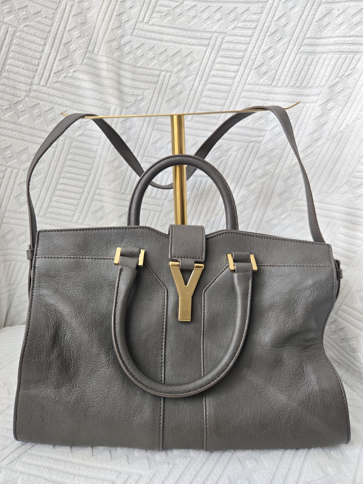 YVES SAINT LAURENT YSL Cabas Chyc 2way Bag Purse Dark Gray Leather