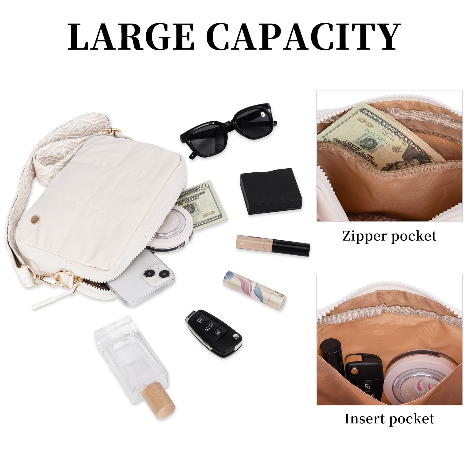 Toptime Quilted Crossbody Bags for Women, Nylon 9″ x 6″ x 1.6″, White