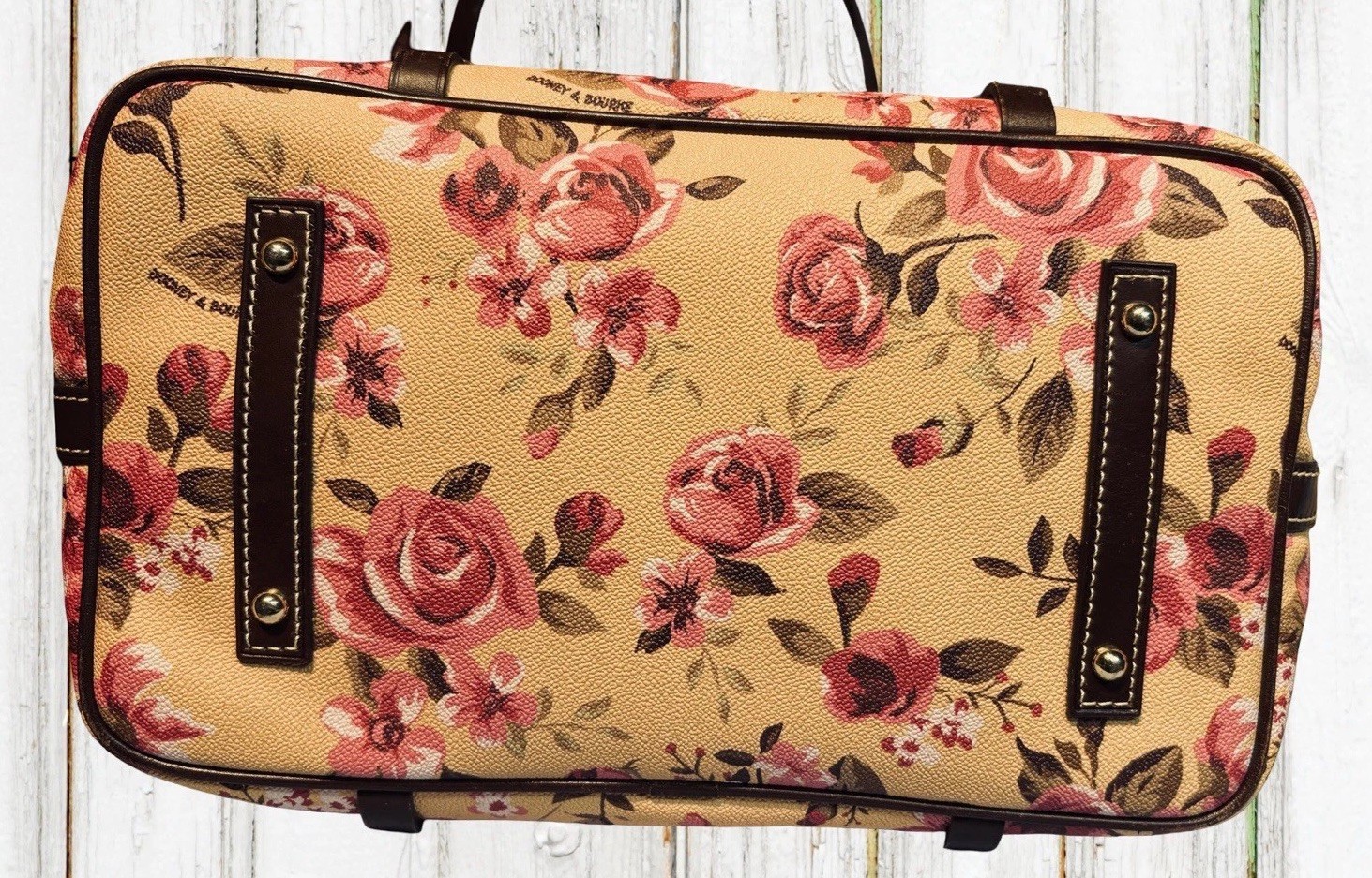 Dooney Bourke Pink Yellow Beige Cabbage Rose Floral Large Shopper Tote Bag