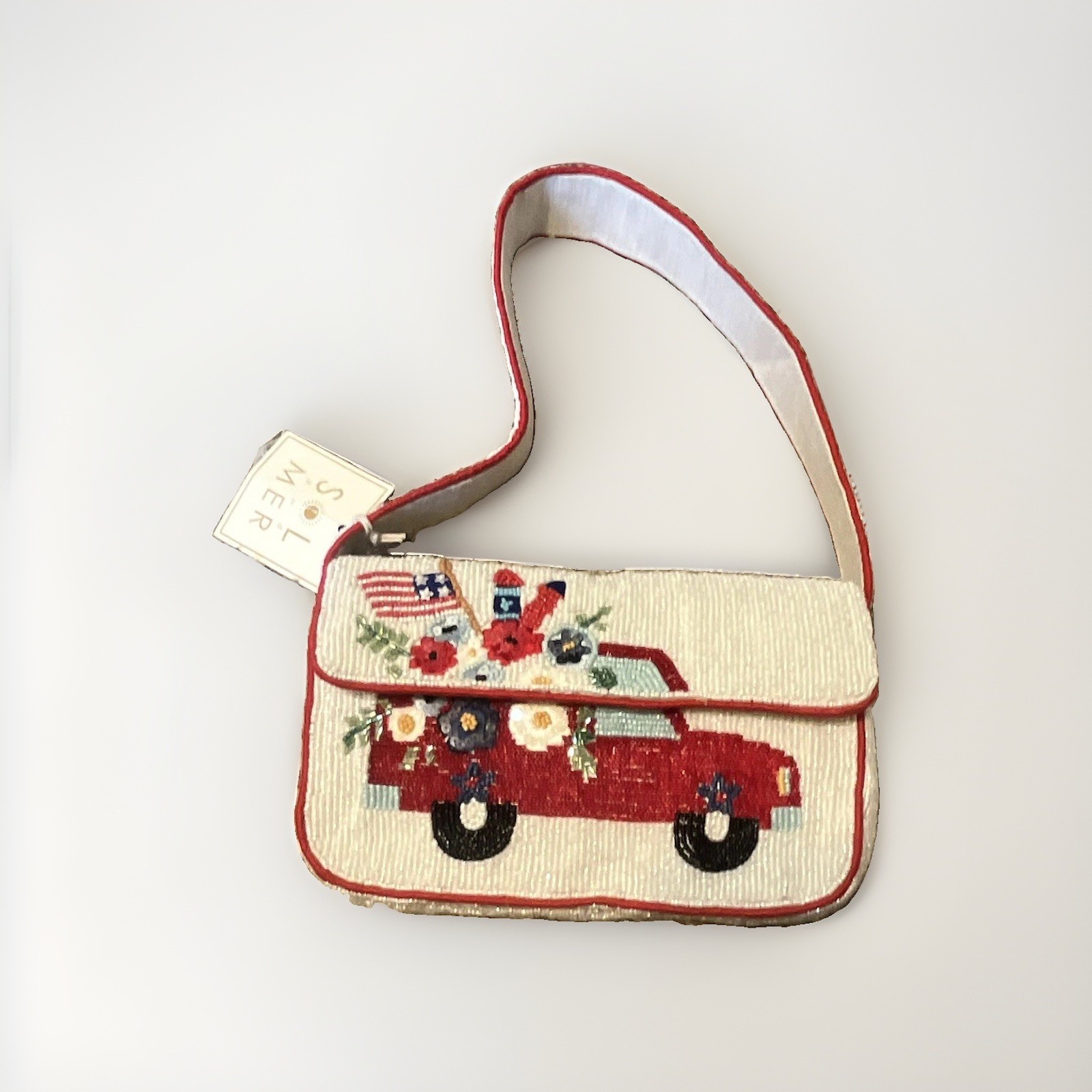 Sol and Mer Patriotic Red White Blue American Flag Fireworks Truck Beaded Bag