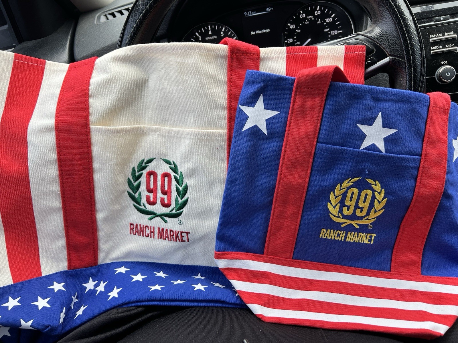 99 Ranch Market Large & Mini USA Flag Canvas Tote Bag Set Lot Like Trader Joes