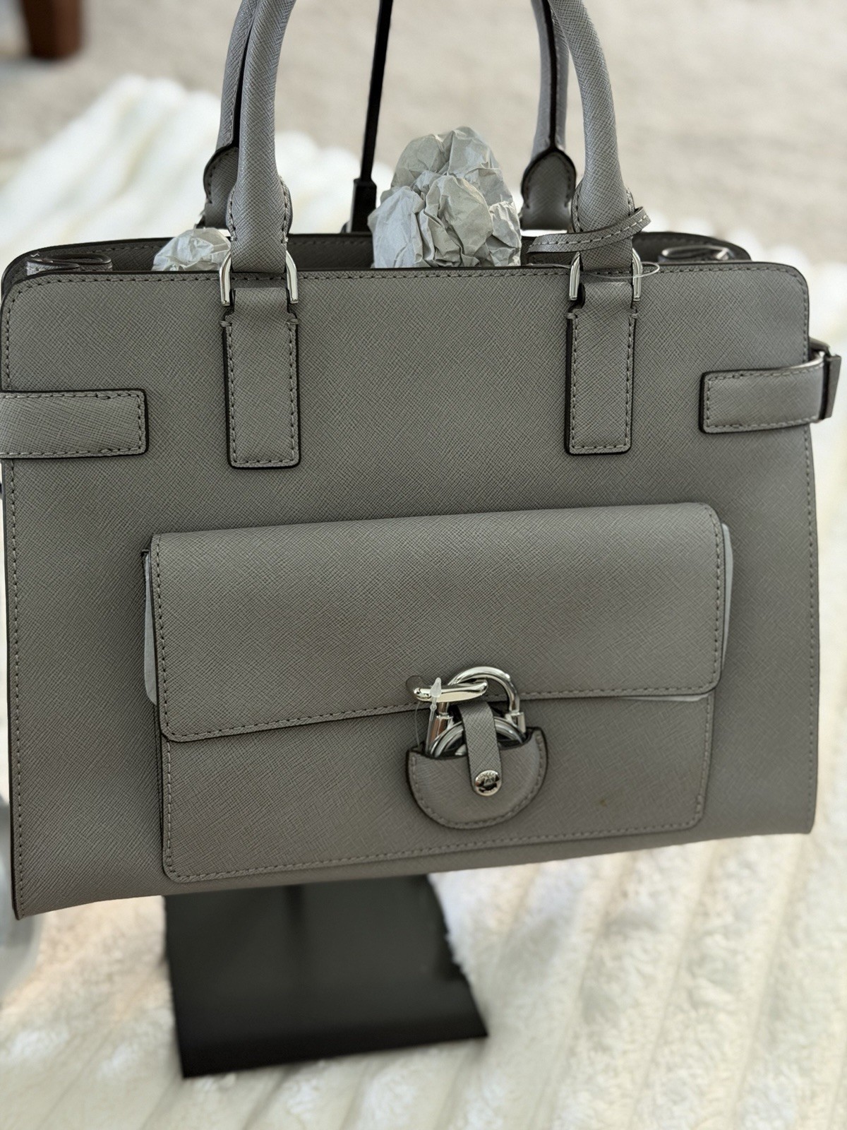 Michael Kors Pearl Gray Satchel Top Handle Turn Lock Detachable Strap Silver