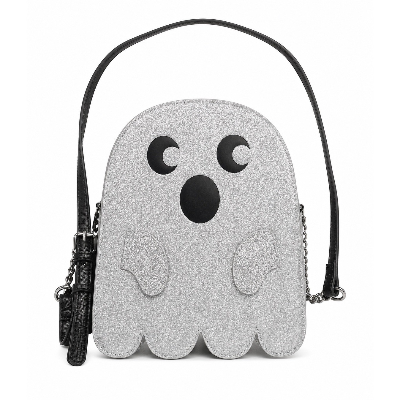 Silver Glitter Ghost Crossbody Bag Halloween Novelty Whimsy Sparkle Purse Black