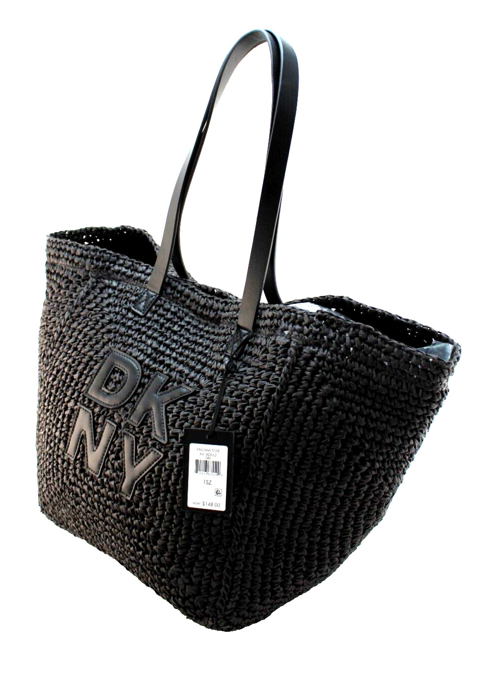 New DKNY Paloma Black Natural Weave with Stitched Logo Large Tote Bag MSRP $148