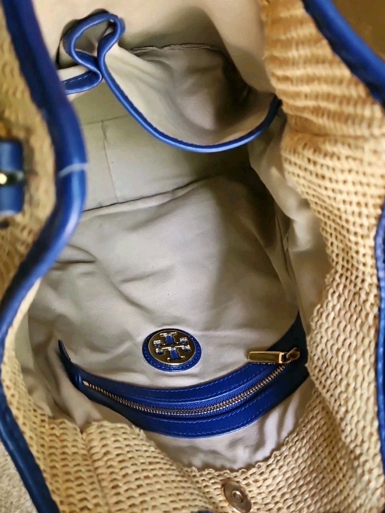 Tory Burch Straw/Raffia Tote Bag Blue Leather Trim 12 in. X 11 in. X 4 in. Large