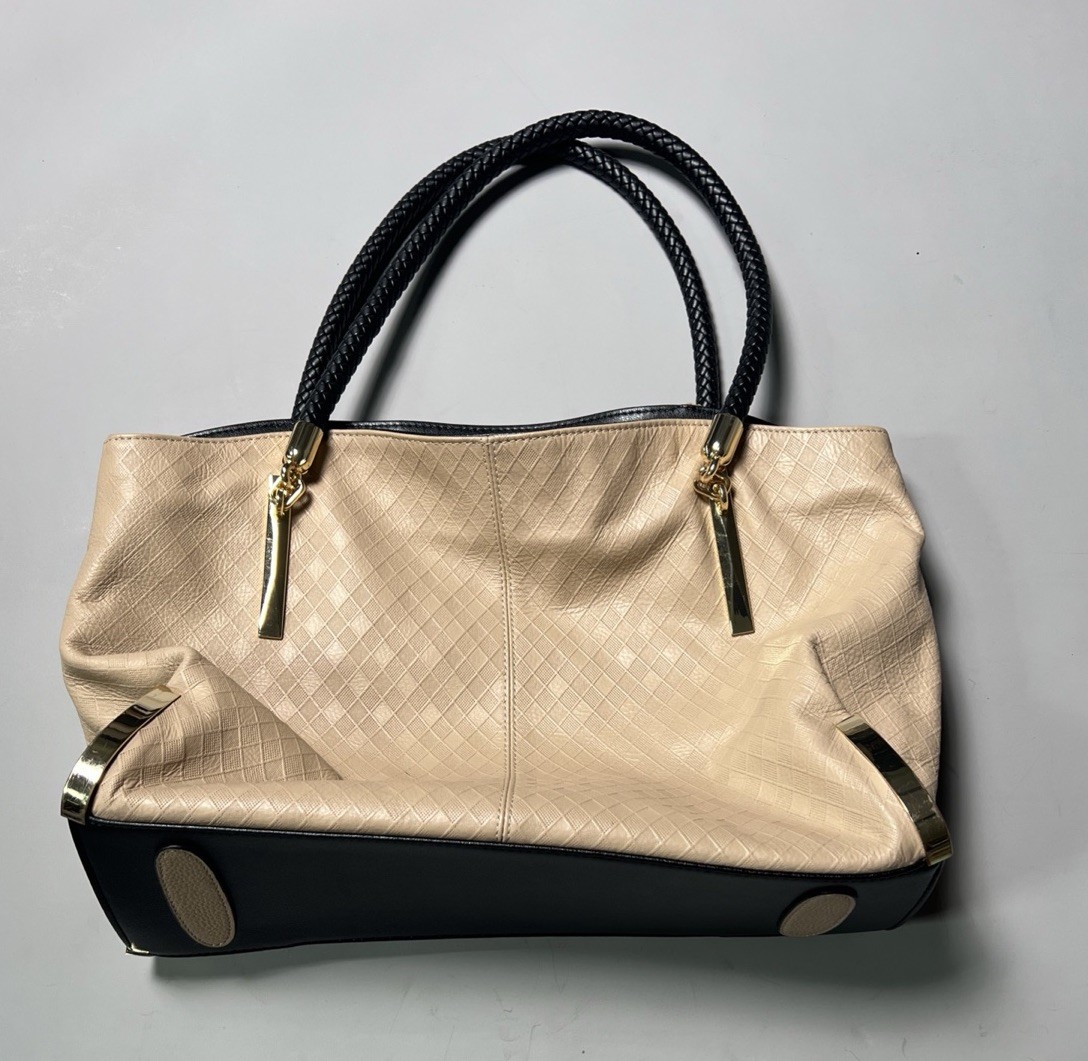 Foxlover Beige Satchel Top Handle Bag Black Braided Handles Gold Hardware Zip