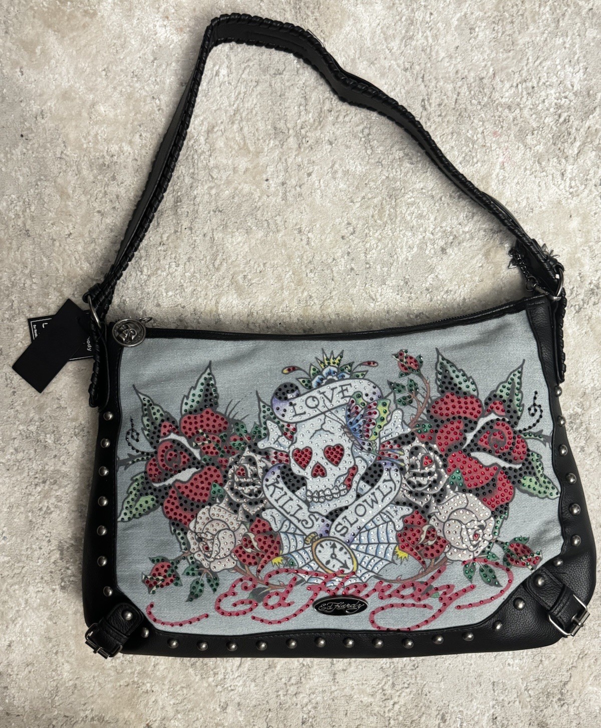 Ed Hardy Medium Shoulder Bag/ Tote Studded Rhinestone Skull Floral Zip