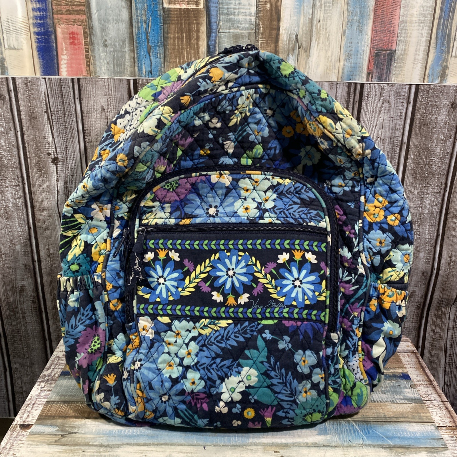 VERA BRADLEY Essentials Mural Garden Floral Quilted Laptop Backpack Blue Purple
