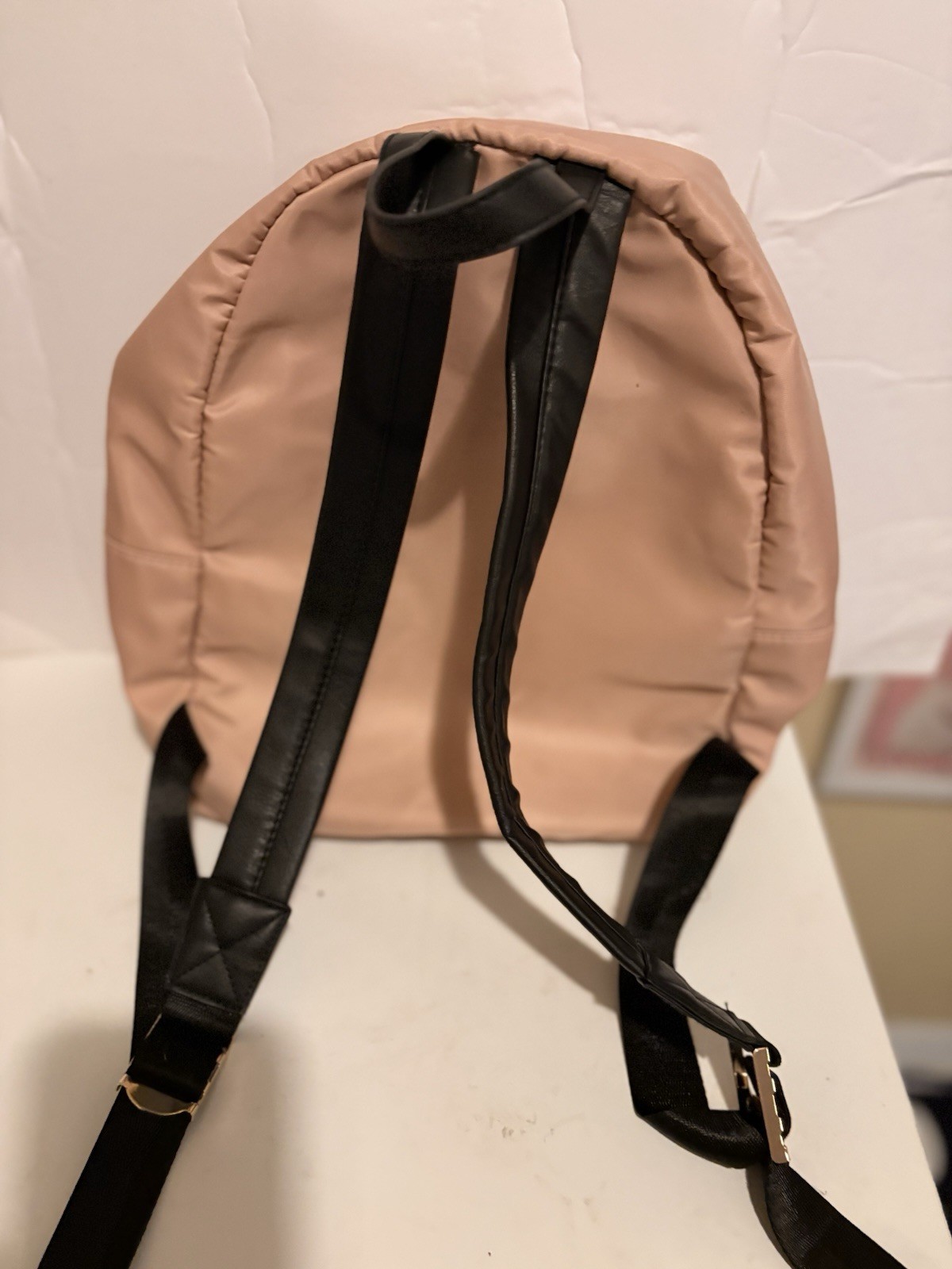 Women’s Blush Pink Mini Backpack Purse Solid Gold Zip Front Pocket Black Straps