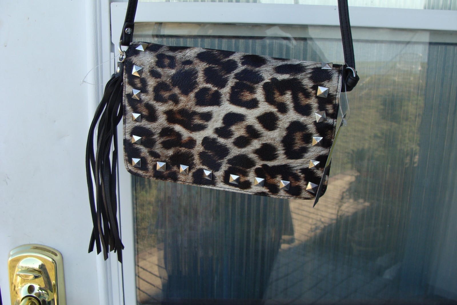 new handbag black vinyl crossbody bag studded leopard print OMG! ACCESSORIES