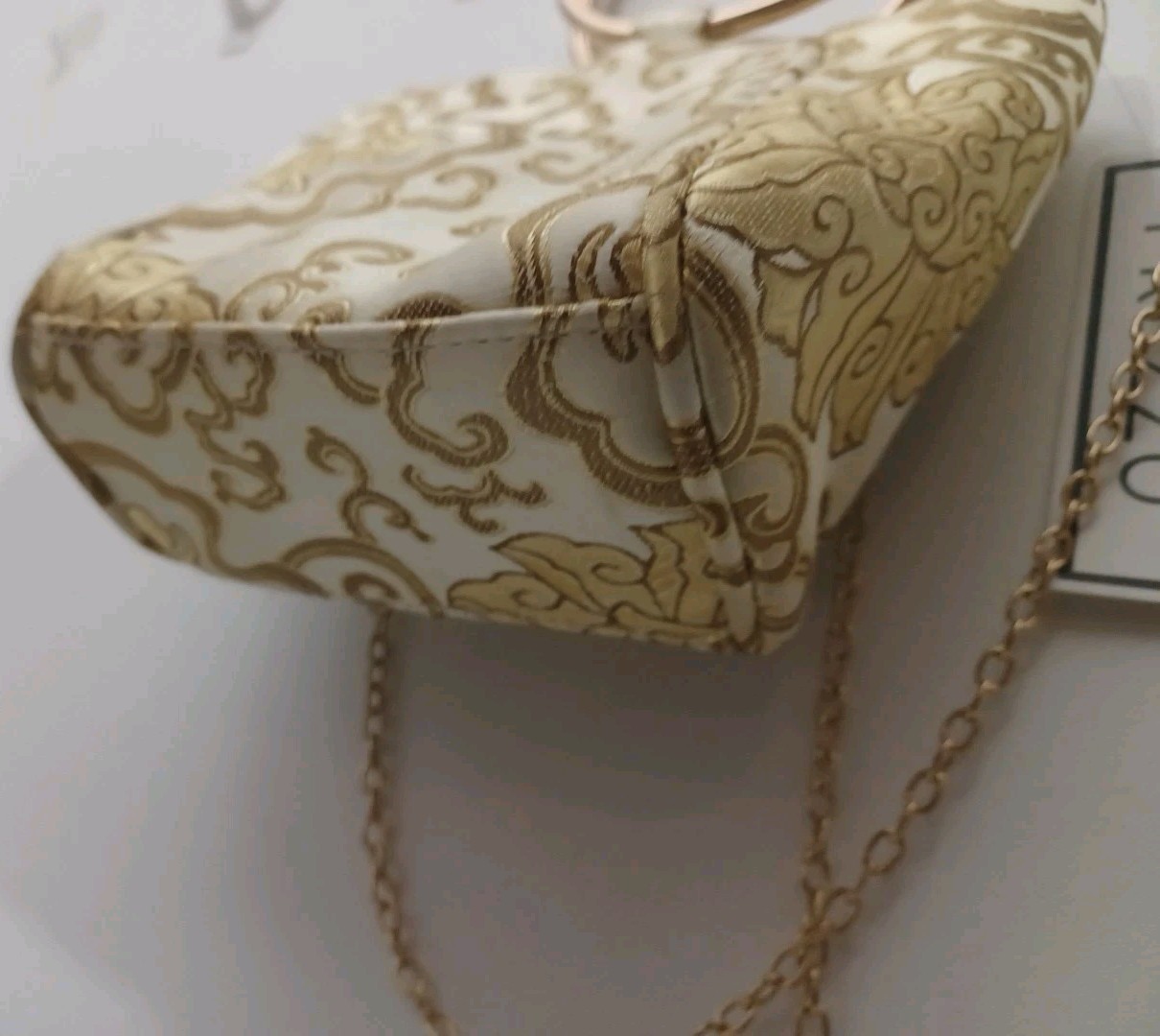 Prezzo Champagne Gold Tapestry Evening Handbag Round Handles Shoulder Chain NWT