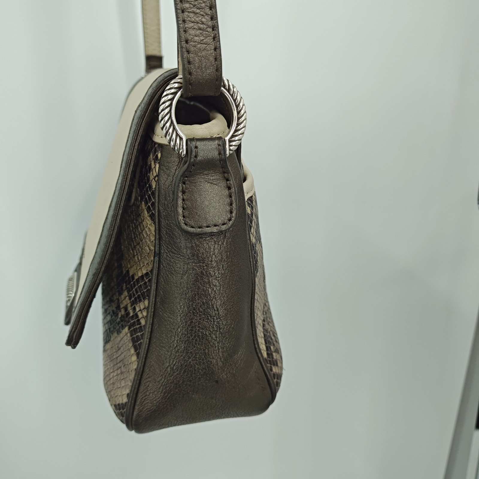 Brighton Crossbody Handbag Snakeskin Pewter Gray Beige Flap Front