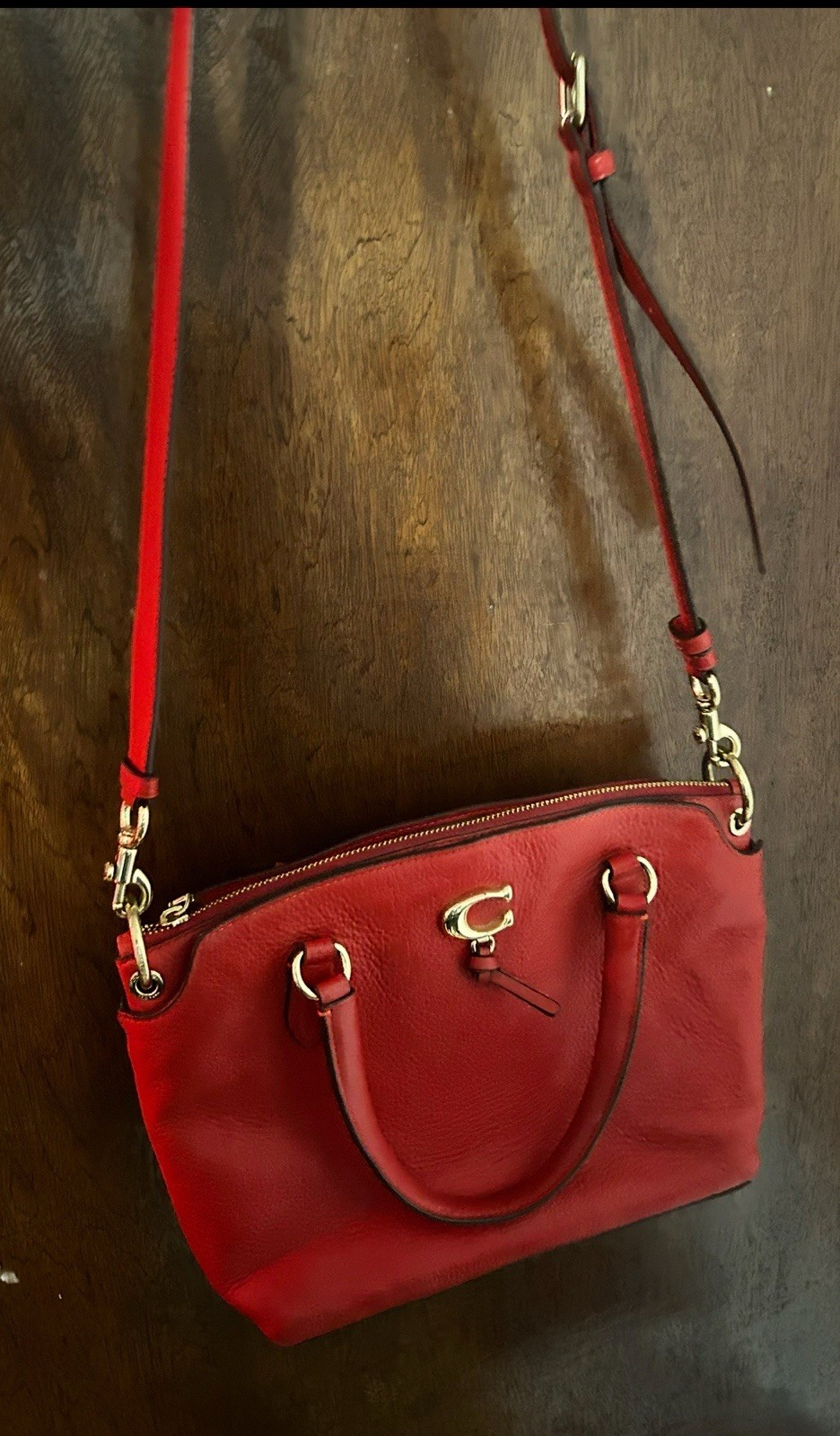 Coach Red Zip Satchel Top Handle Crossbody w/ Detachable Strap, Silver HW