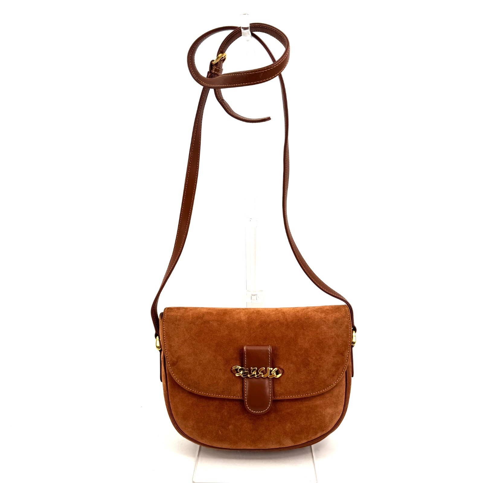 Vintage Gucci Shoulder Bag Chain Suede Brown Authentic 479T0427