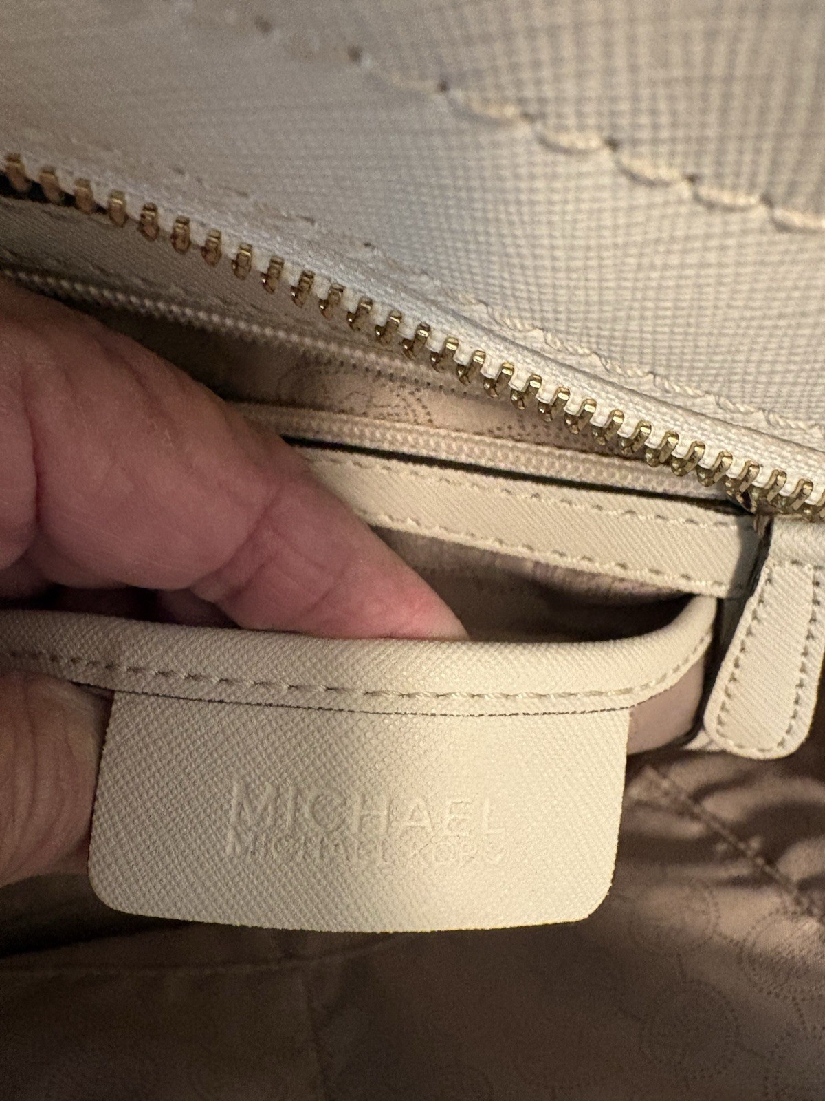 Michael Kors Women’s Beige Studded Satchel Zip Gold Hardware Strap Wallet