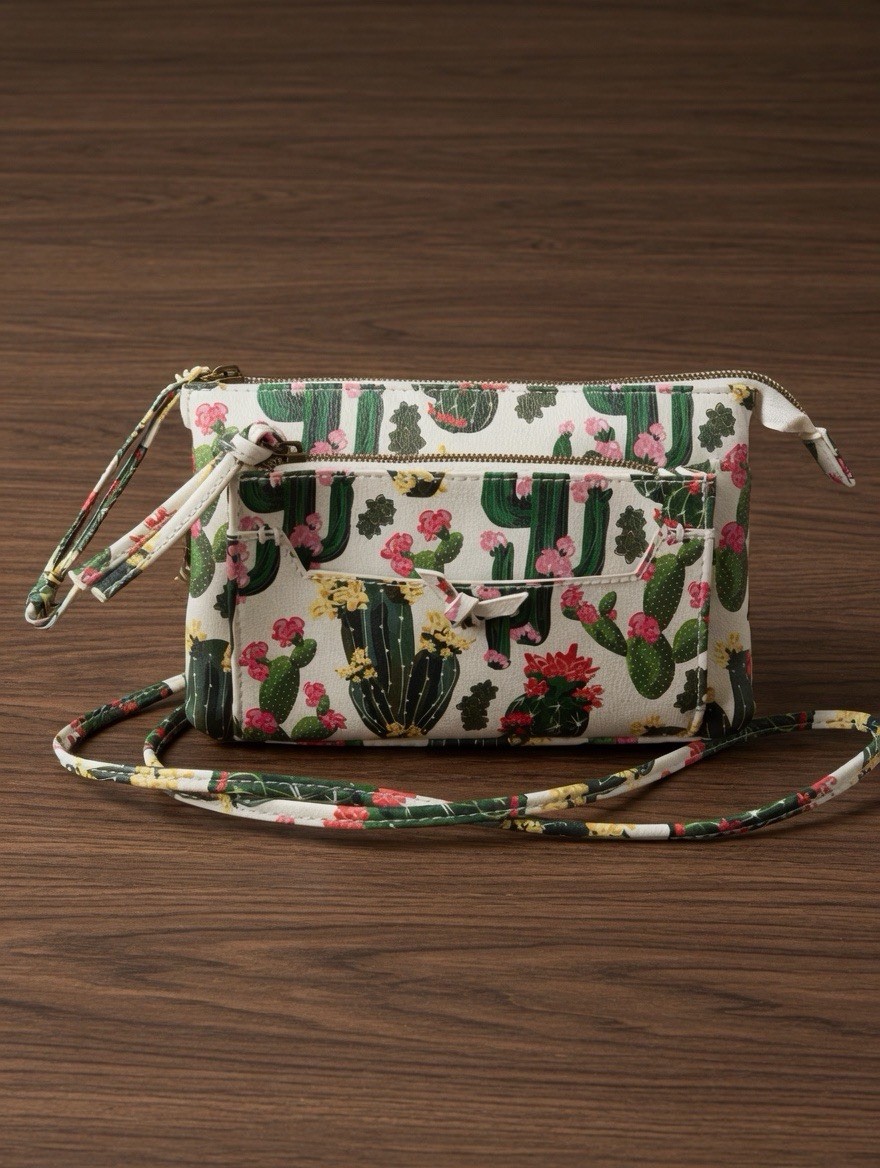 NWOT Cactus Floral Print Crossbody Bag Purse Women Adjustable Strap Zip Pockets