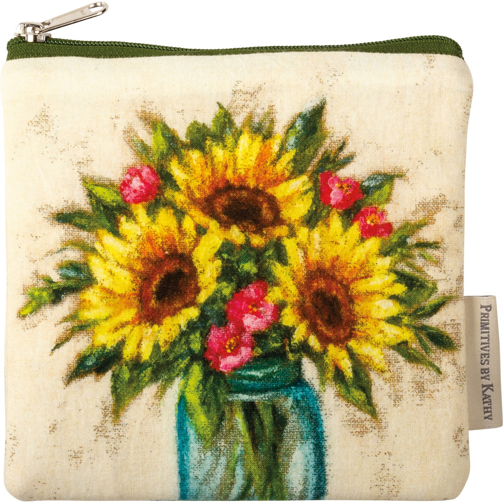 Zipper Pouch Cotton Handbag | Colorful Sunflowers & Roses | 7 In x 6.5 In | NEW