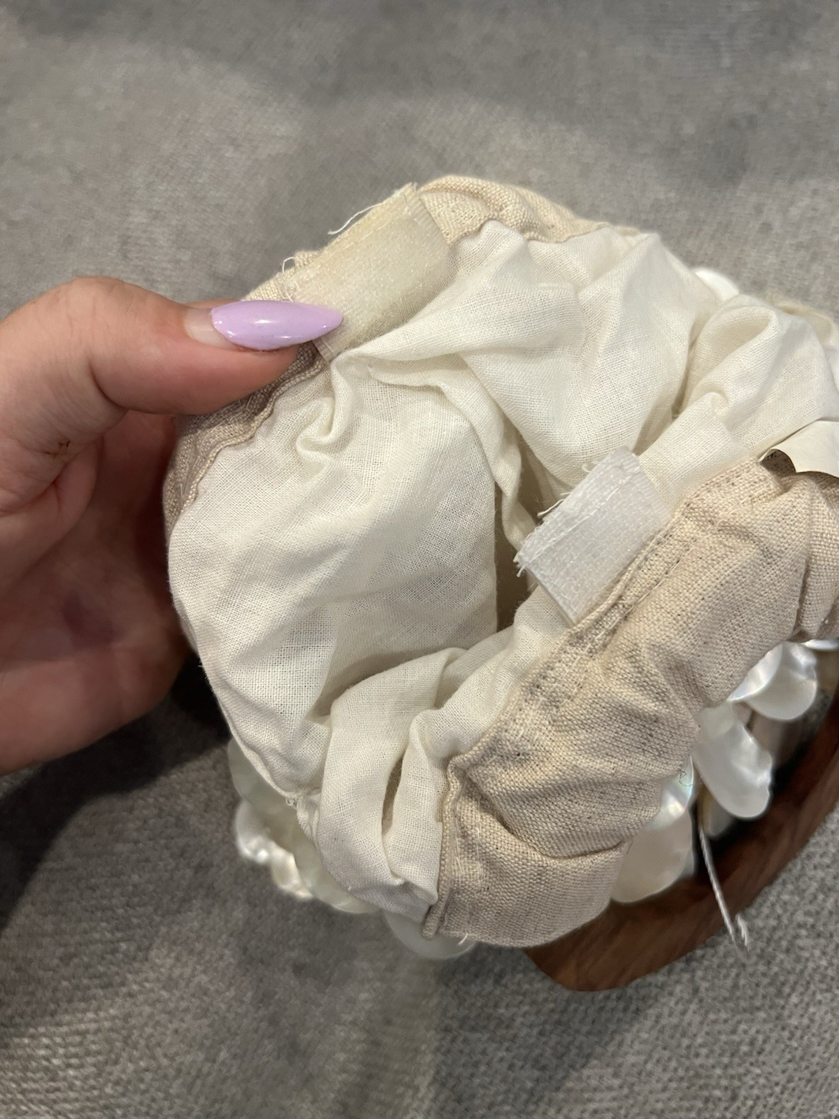 New Beige Linen Sea Shell Handmade Linen Capiz Shell Purse with Wood Handle