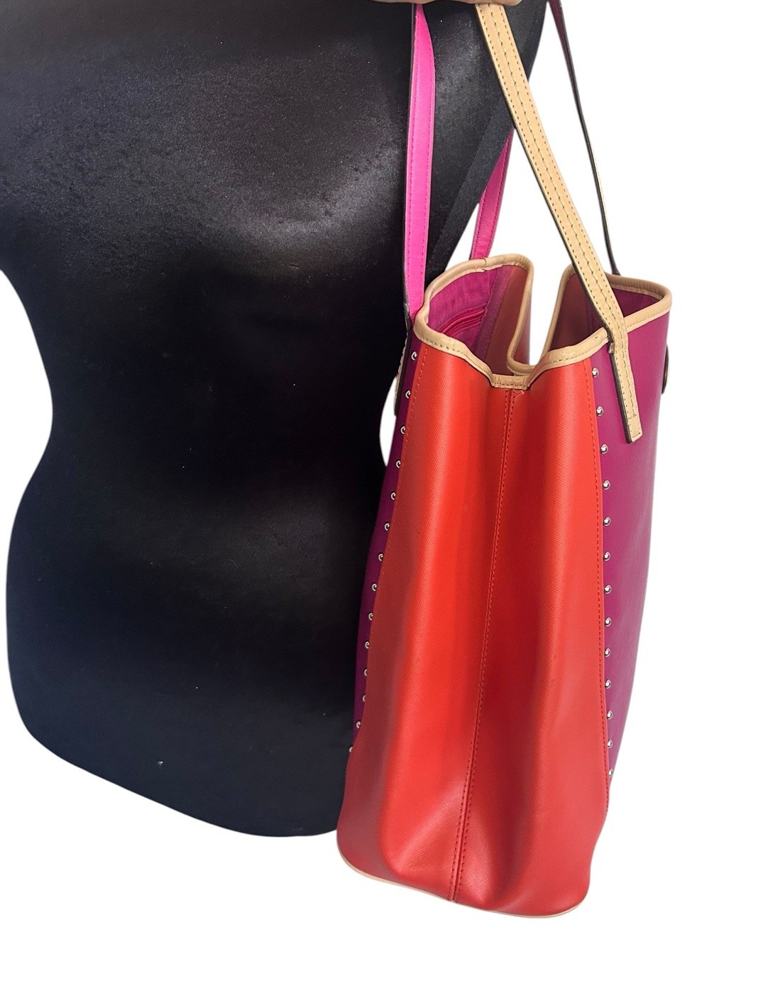 COACH Metro Colorblock Pink Orange And Tan Studded Leather Tote Bag Read List