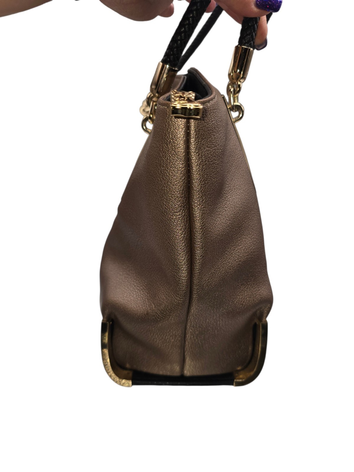 FOXER Leather Shoulder Bag Braided Handles Gold Hardware Metallic Champagne EUC